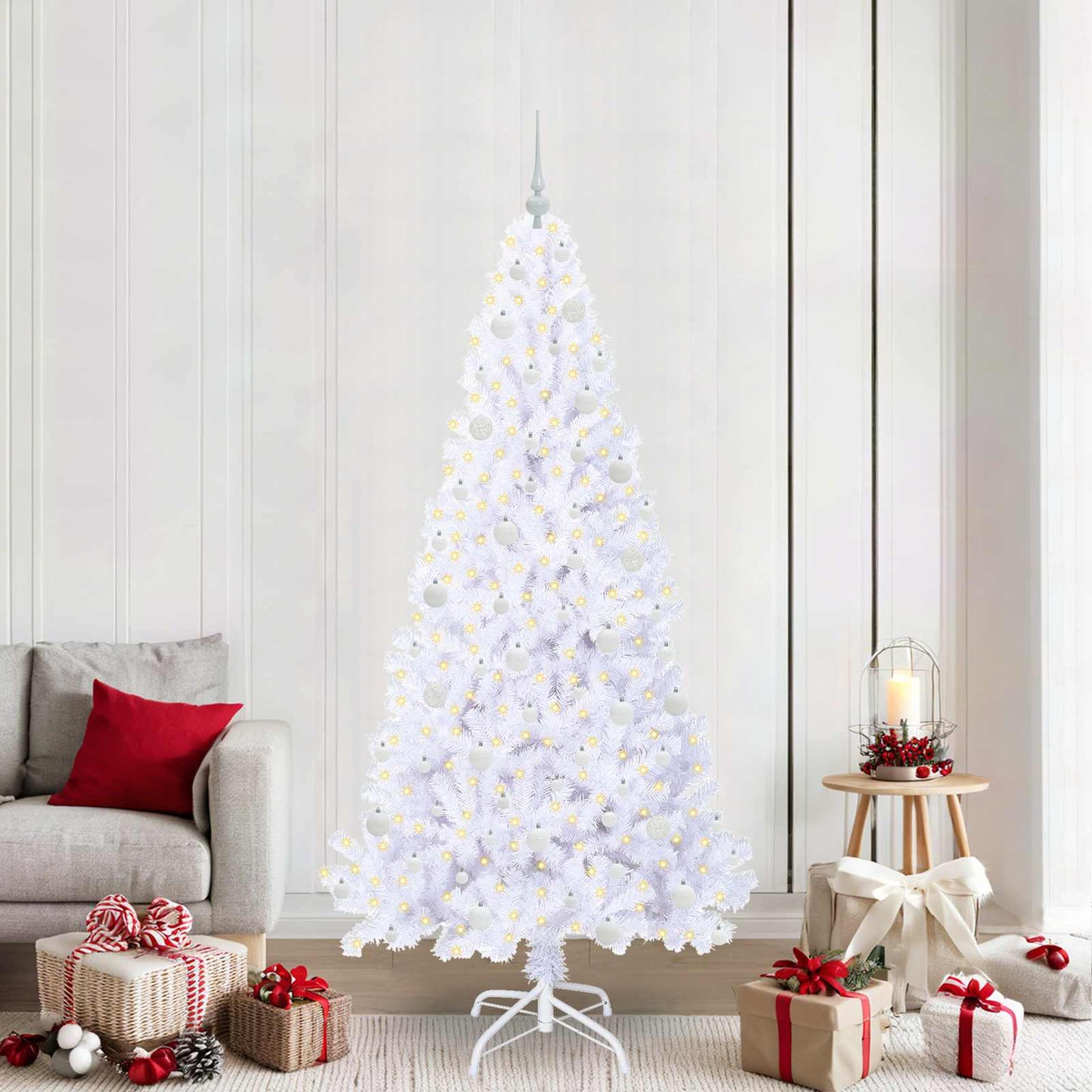 Kunstig juletre med 300 LED med stativ Hvit 210 cm PVC og stål