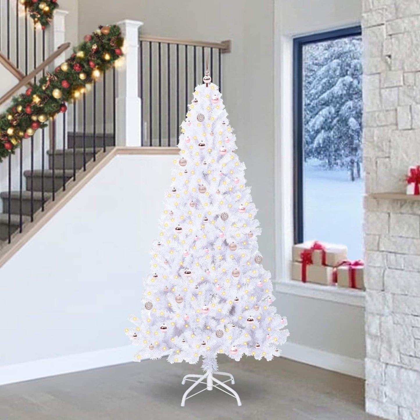 Kunstig juletre med 300 LED med stativ Hvit 240 cm PVC og stål