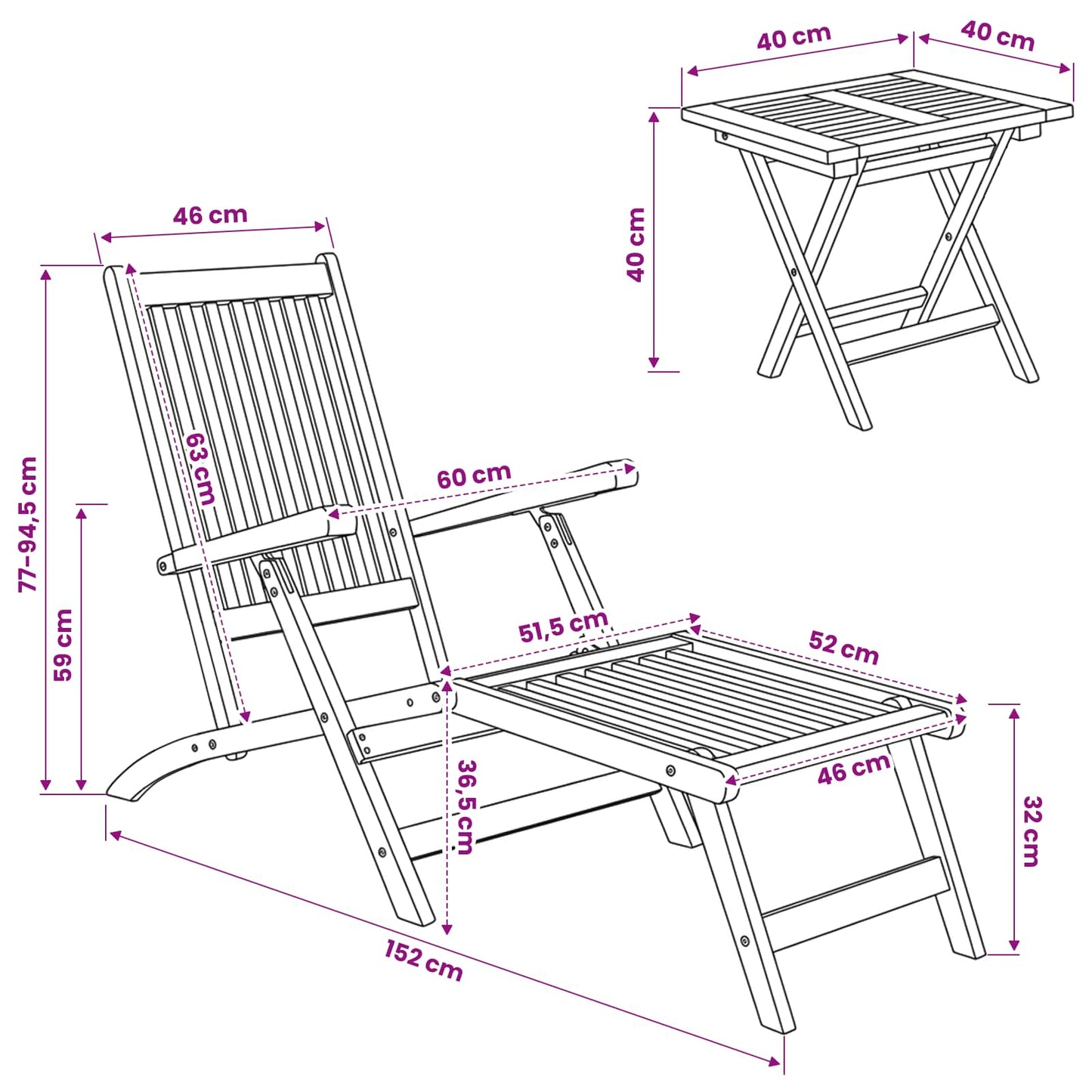 Sammenleggbart dekkstol med bord 2 pcs Naturlig Massivt Teaktre