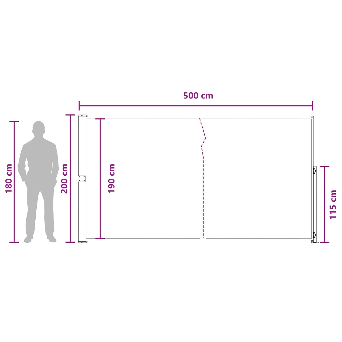 Utklappbart side markise 200 x 500 cm 100% polyester jern stål