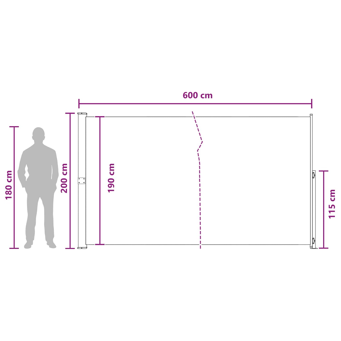 Utklappbart side markise 200 x 600 cm Polyester Rektangulær