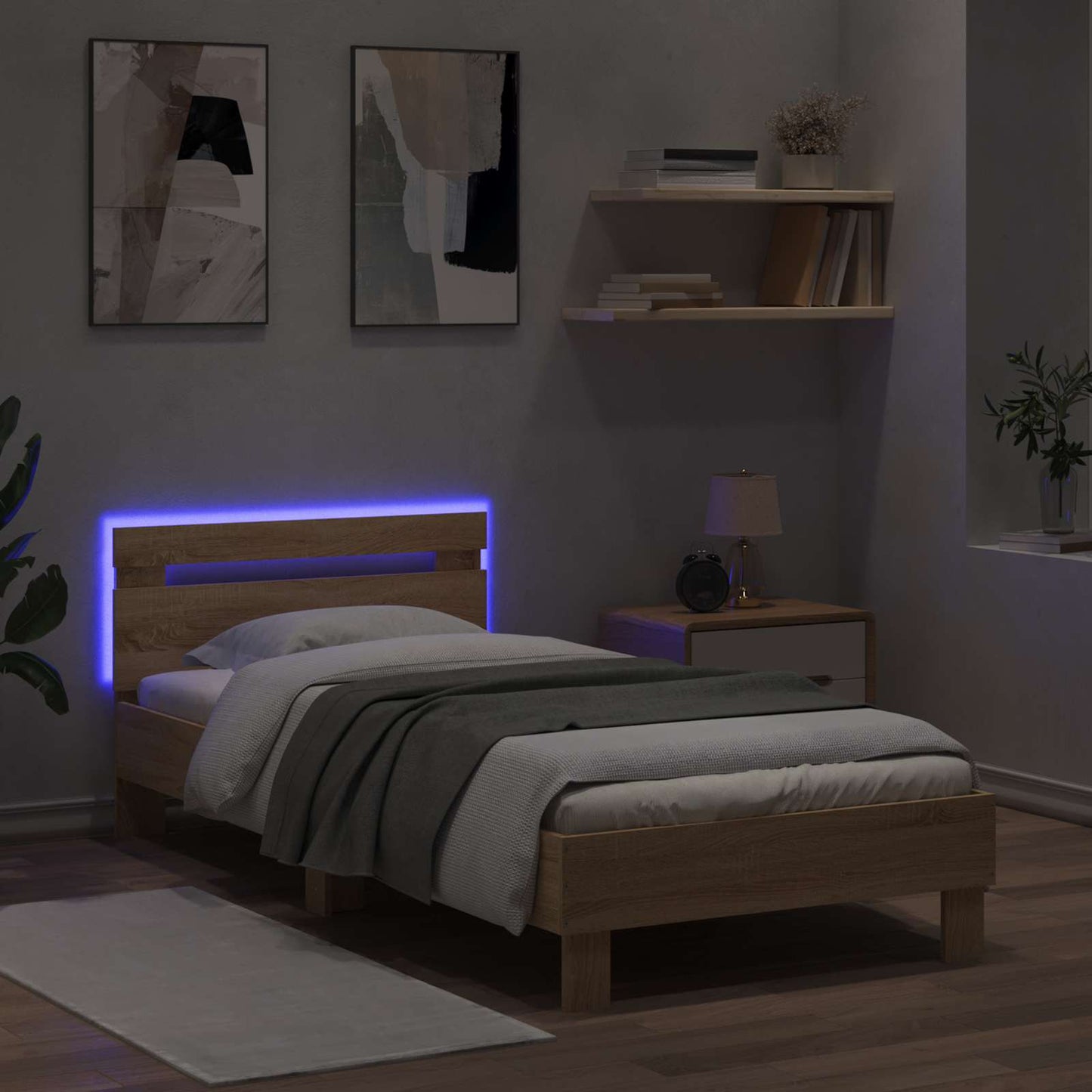 Sengestamme med LED-lysstrimler Sonoma eik Konstruert tre