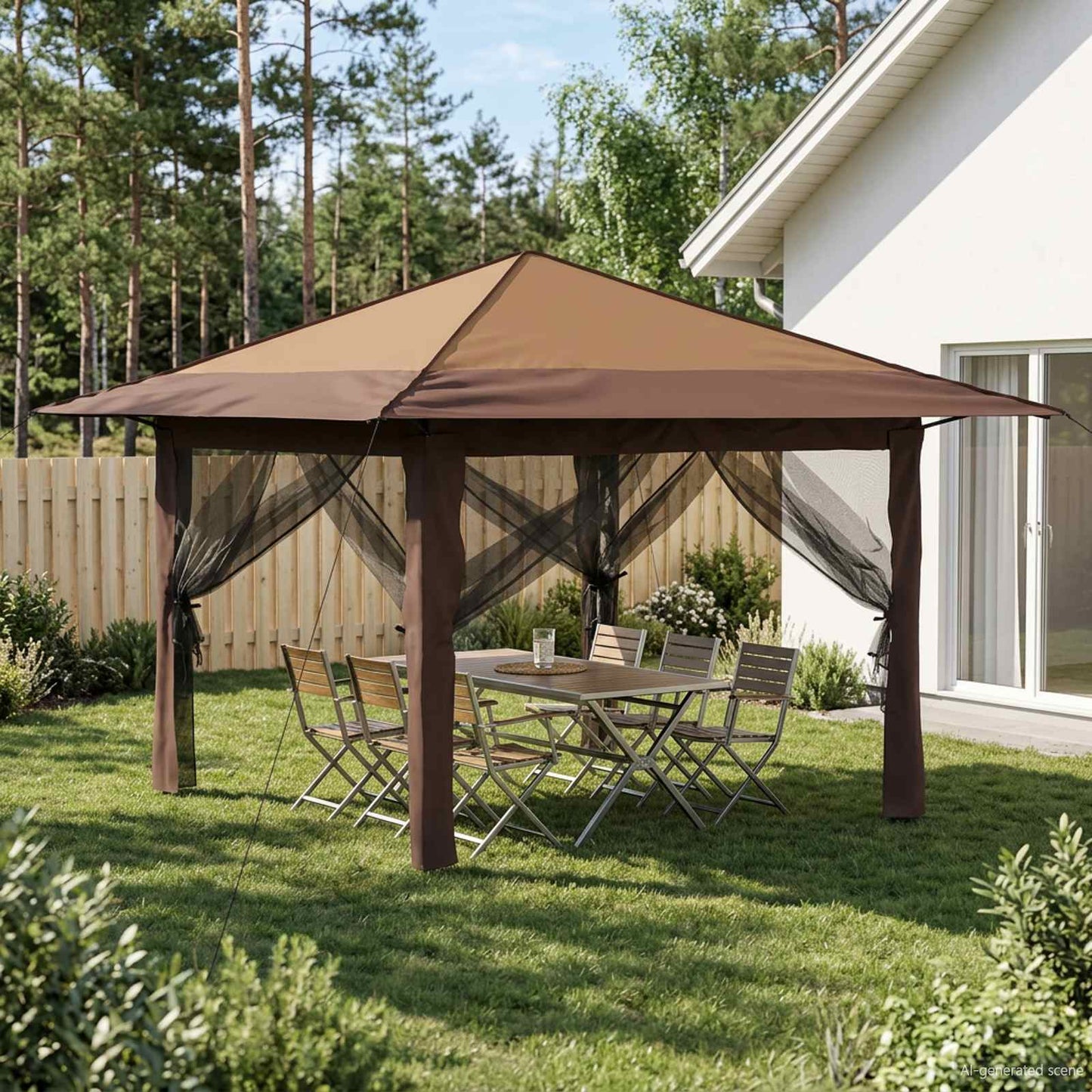 Gazebo med 4 sidevegger 3,3 x 3,3 m Beige og Brun