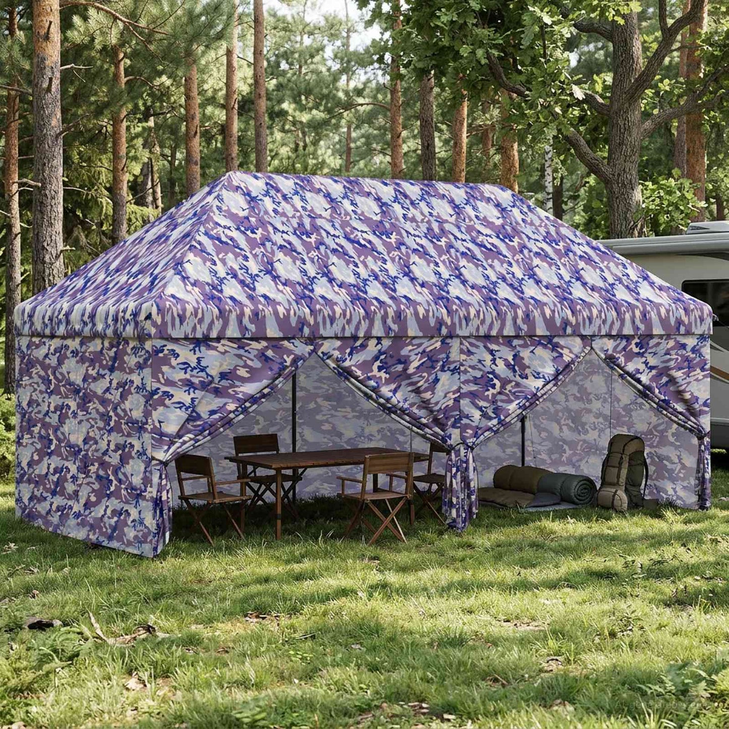 Pop-up Gazebo med 4 Sidevegger 3 x 6 m Blå Kamuflasje