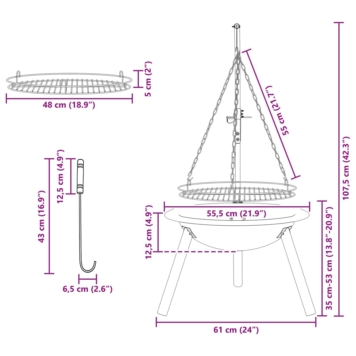 Ildsted med justerbar grillrist ⌀55,5 x 107,5 cm Stål Svart