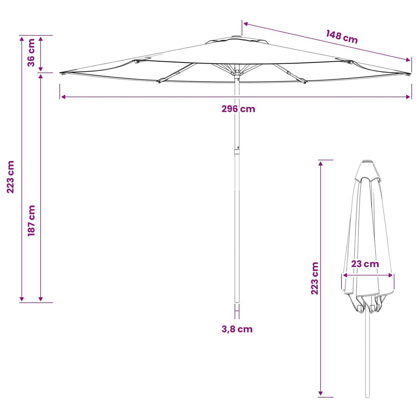 Hageparasol 300 x 300 cm Polyester Rektangulær Svart