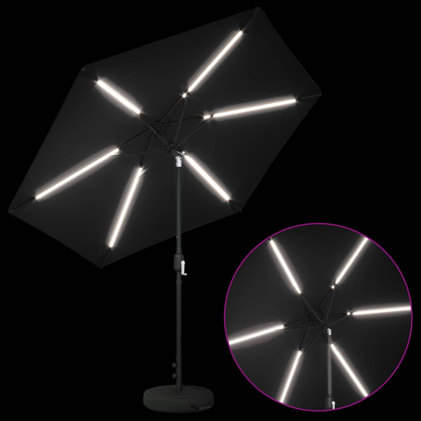 Hageparasol med LED-lamper og fot 270 x 270 cm Polyester Svart