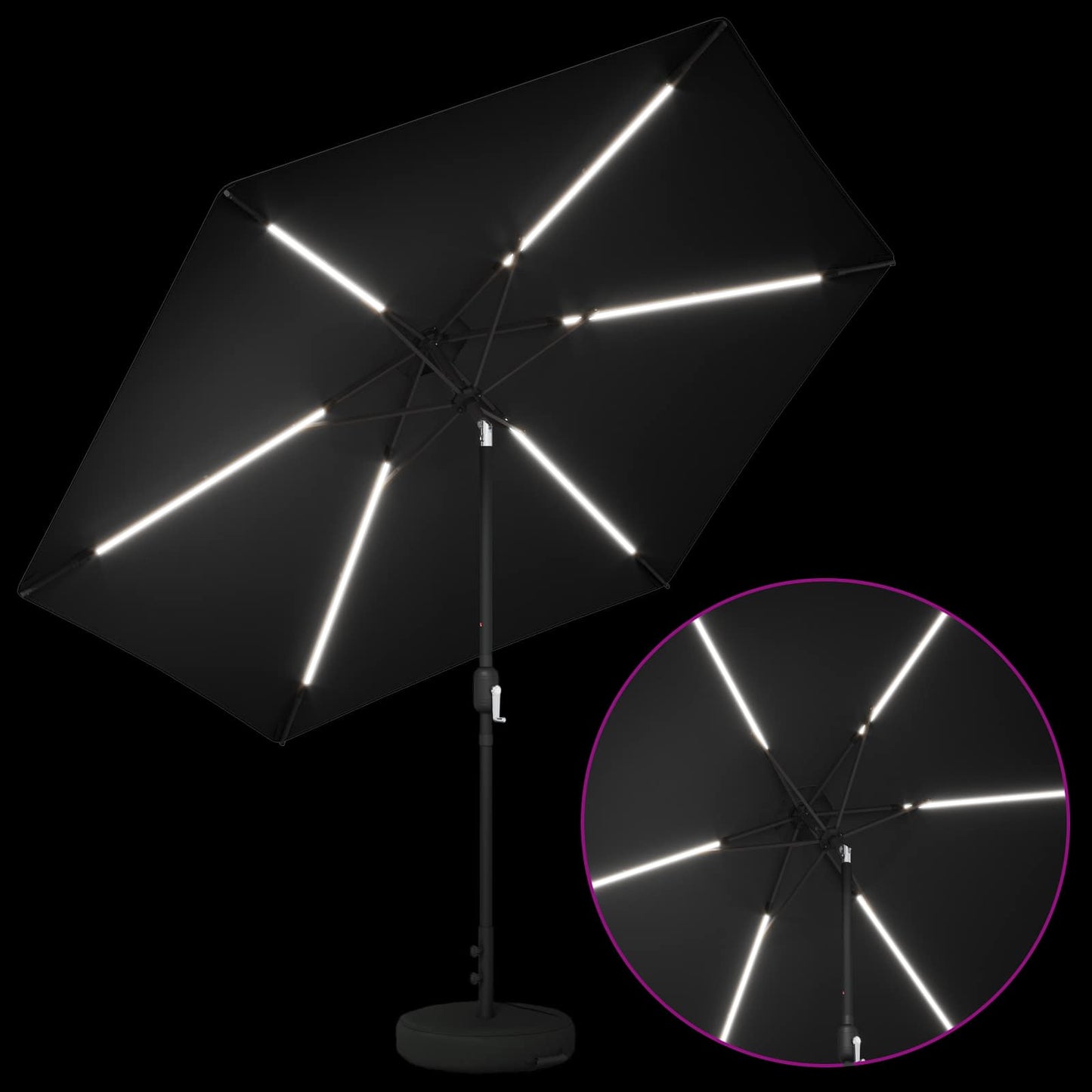 Hageparasol med LED-lamper og fot 300 x 300 cm Polyester Svart