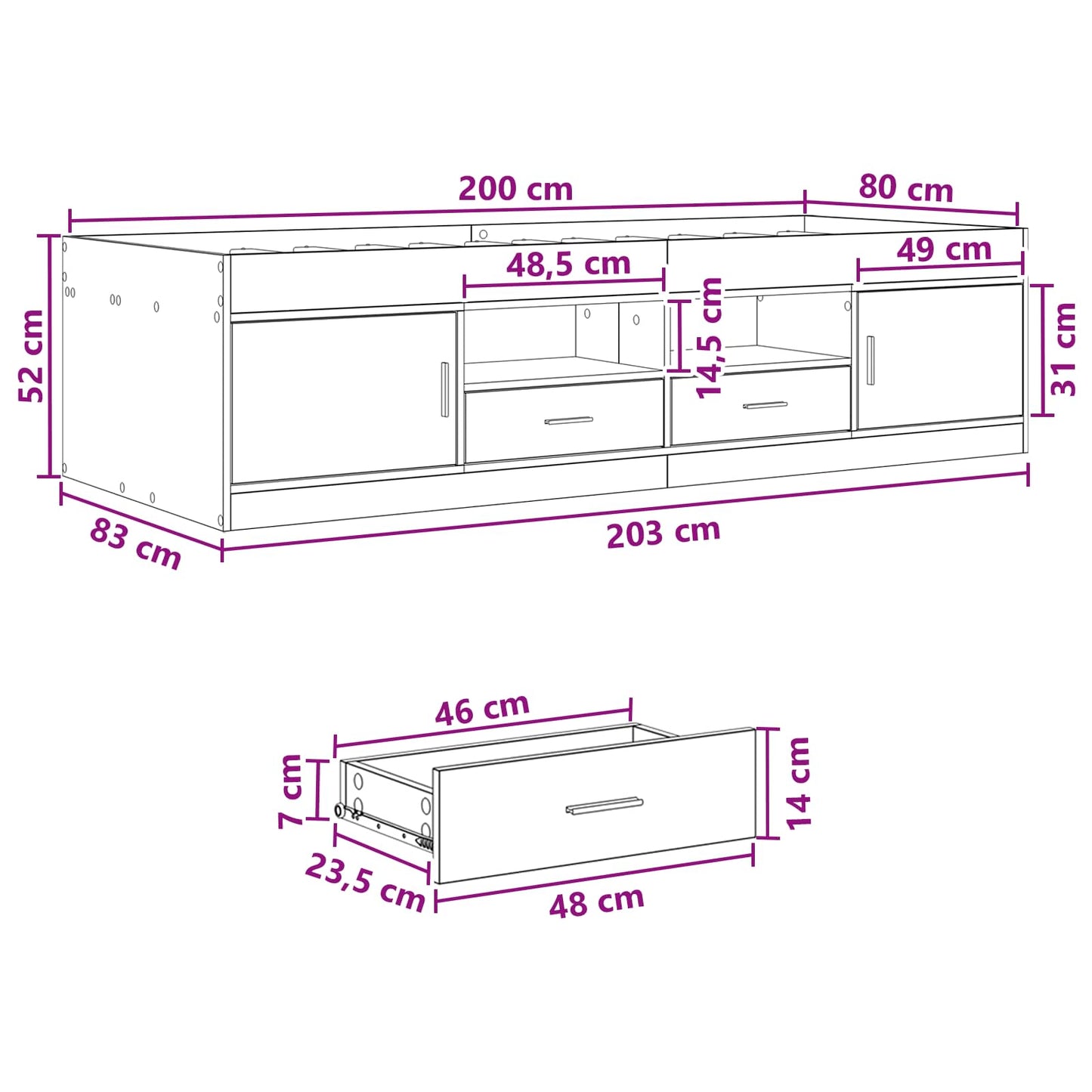 Sengeramme med oppbevaring Hvit 80 x 200 cm Konstruert tre