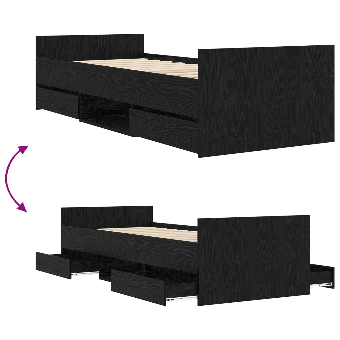 Sengeramme med oppbevaring Svart eik 80 x 200 cm Konstruert tre