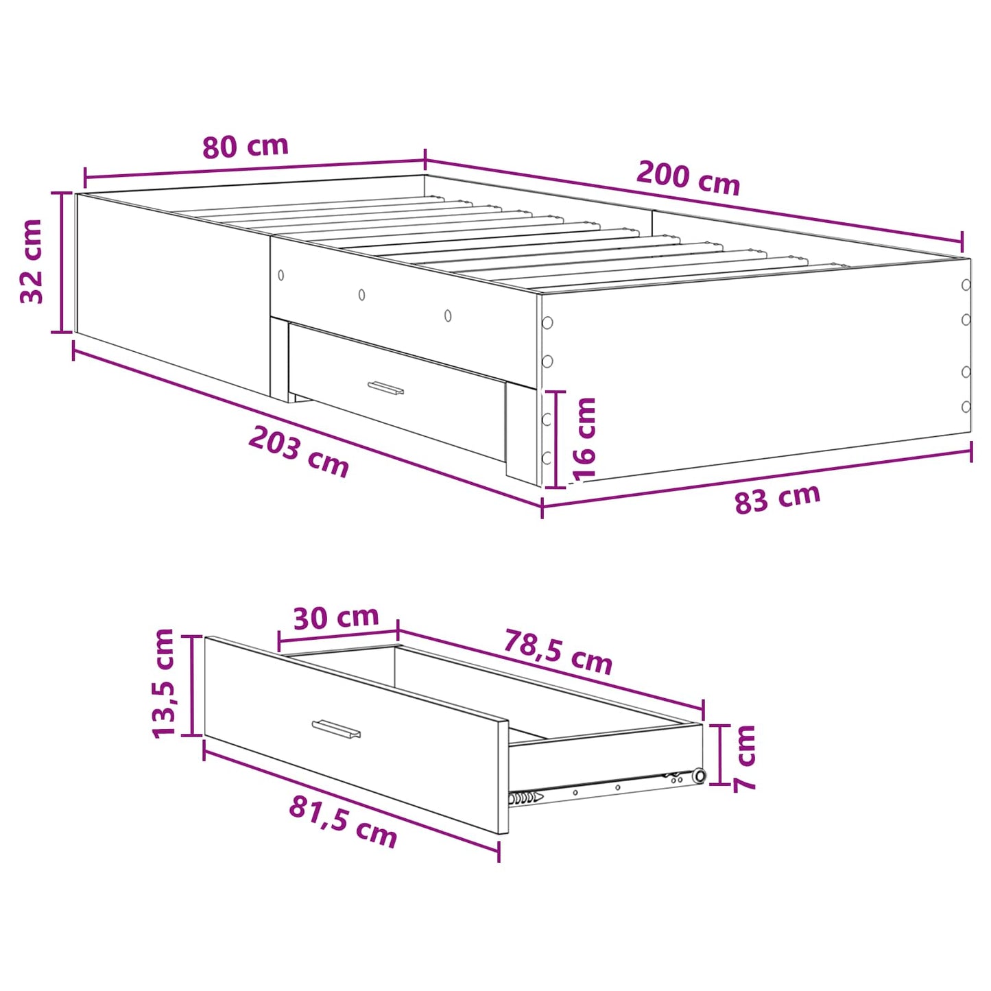 Sengeramme med oppbevaring Betonggrå 80 x 200 cm Konstruert tre