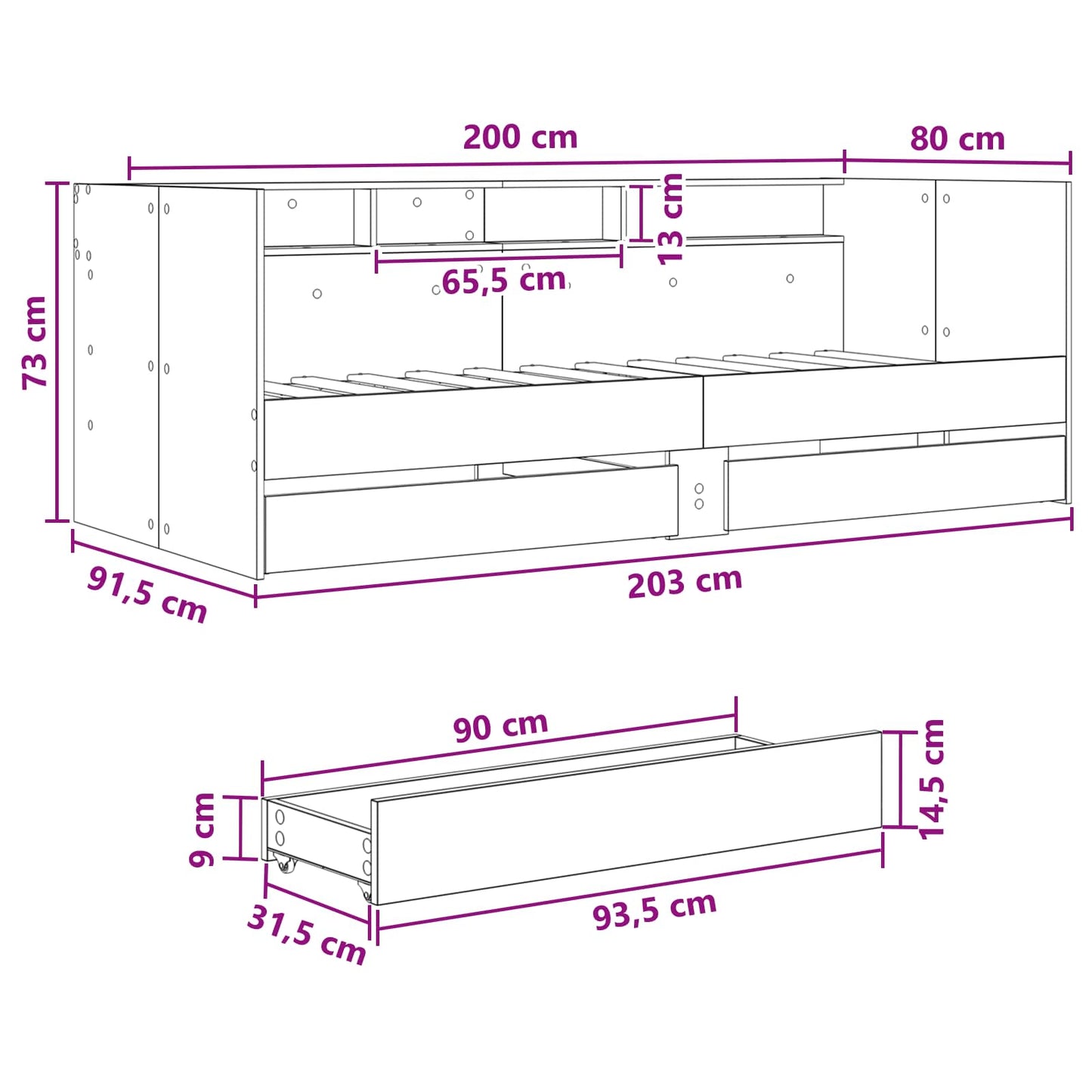 Sengeramme med oppbevaring Betonggrå 80 x 200 cm Konstruert tre