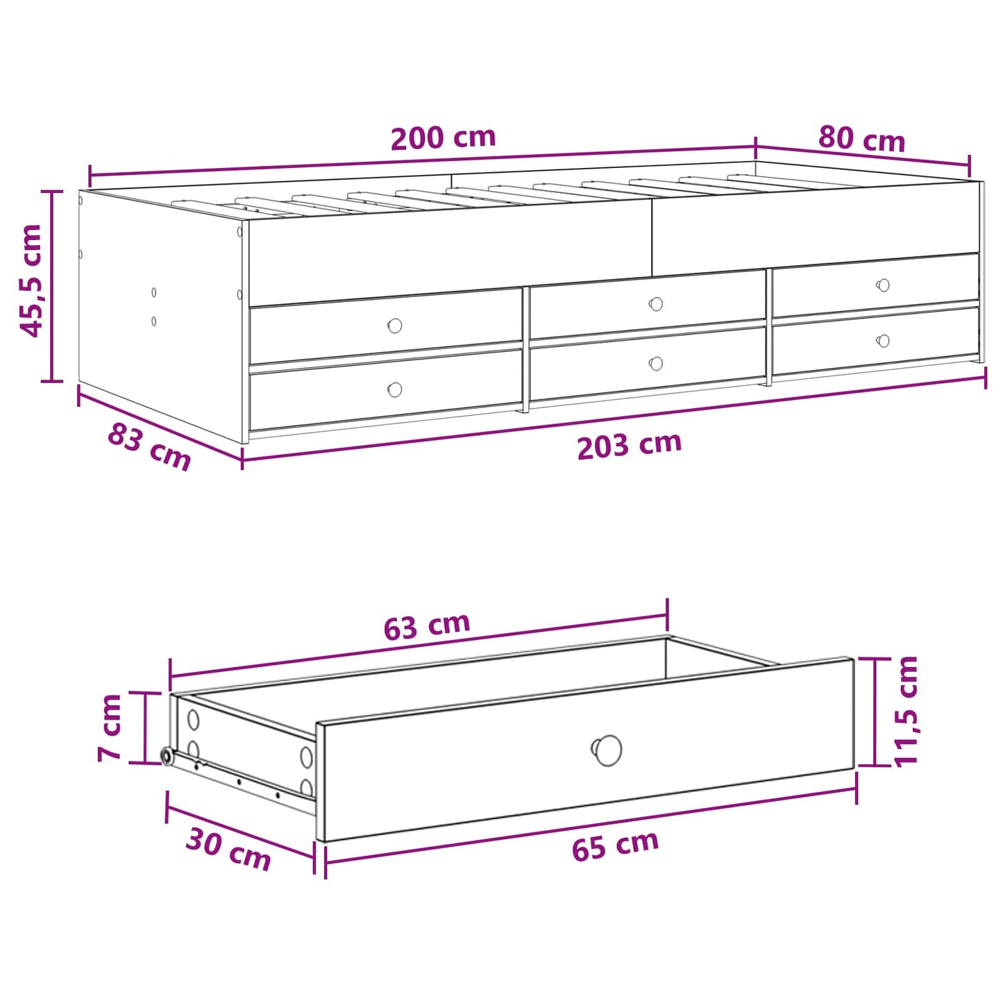 Sengeramme med oppbevaring med skuff Gammelt tre 80 x 200 cm
