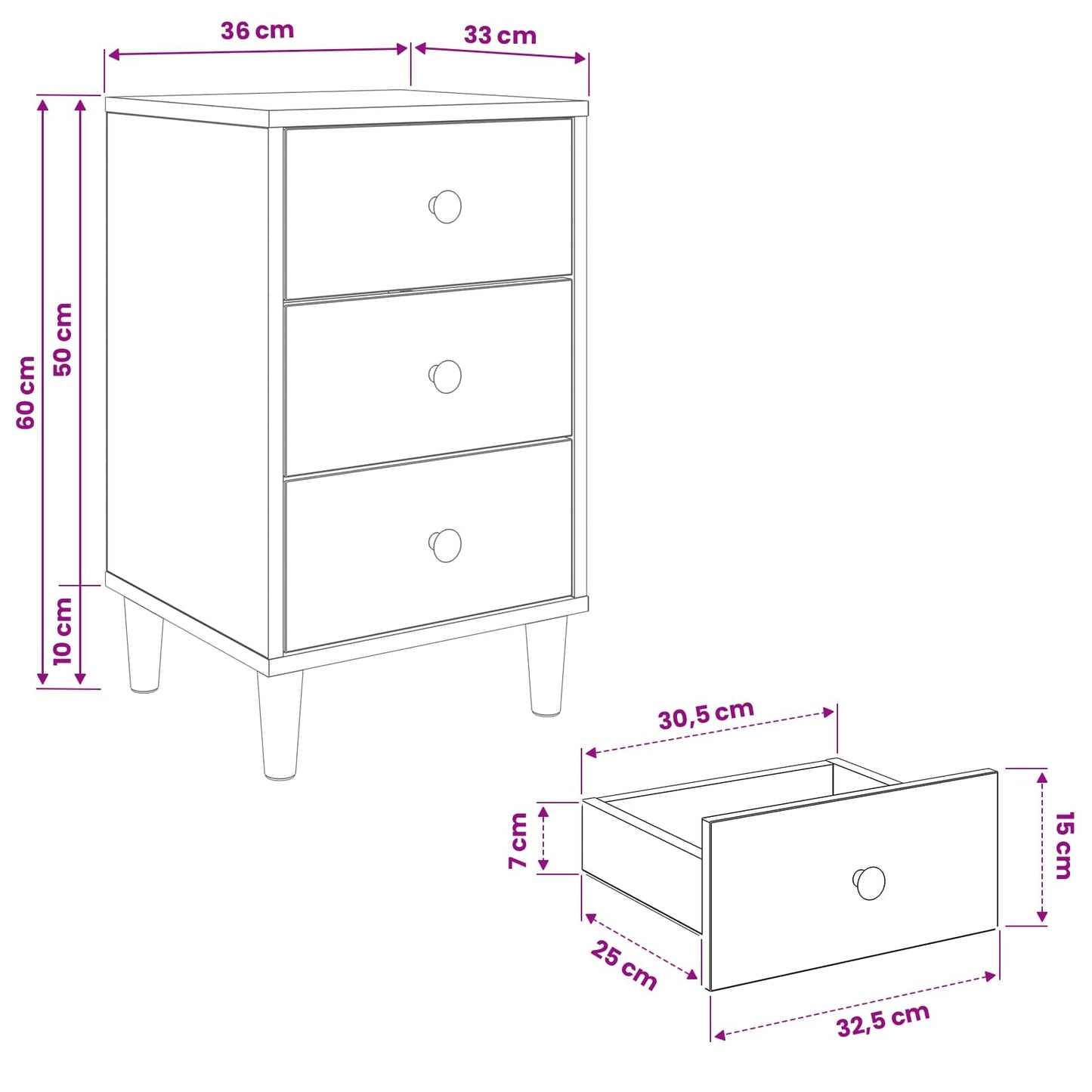 Nattbordskap AACHEN Sonoma eik 36 x 33 x 60 cm Konstruert tre