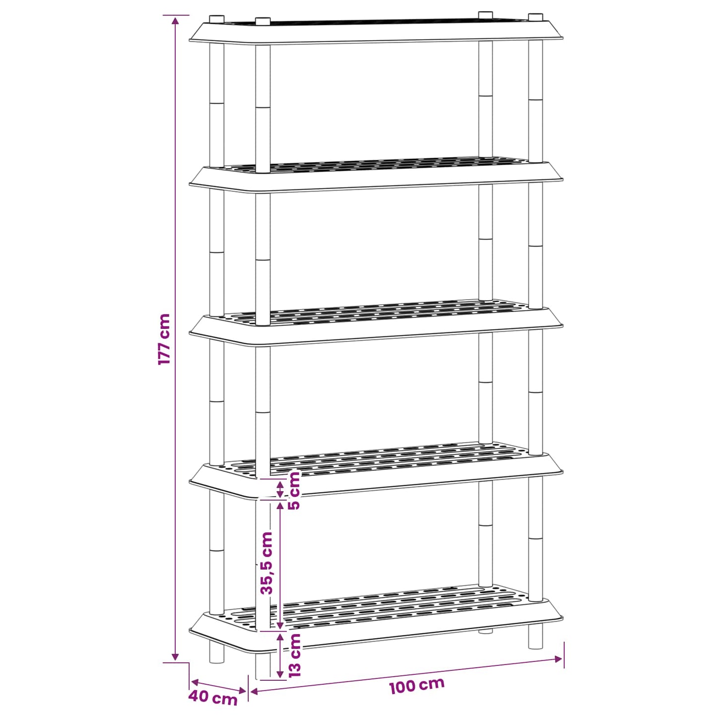 Hyllesystem 5 nivåer 100 x 40 x 177 cm PP Hvit