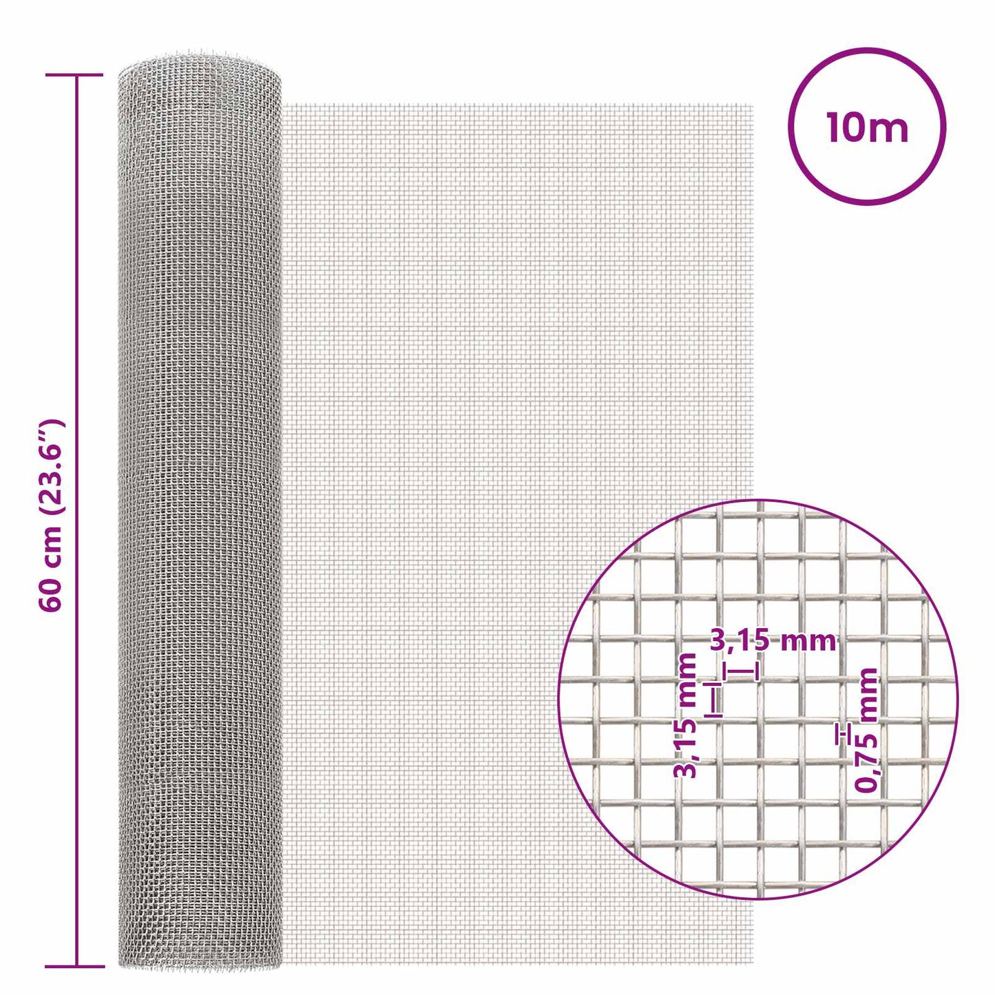 Maskeskjerm 60 x 1000 cm 6 Mesh Rustfritt stål 201 Sølv