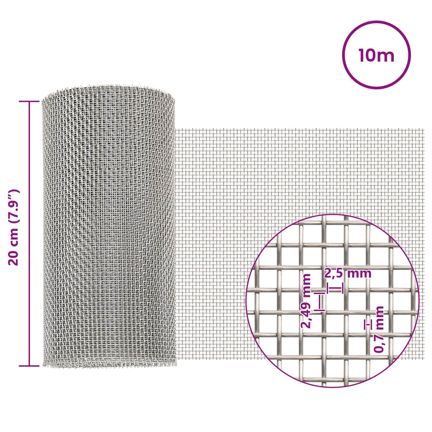 Maskeskjerm 20 x 1000 cm 8 Mesh Rustfritt stål 201 Sølv