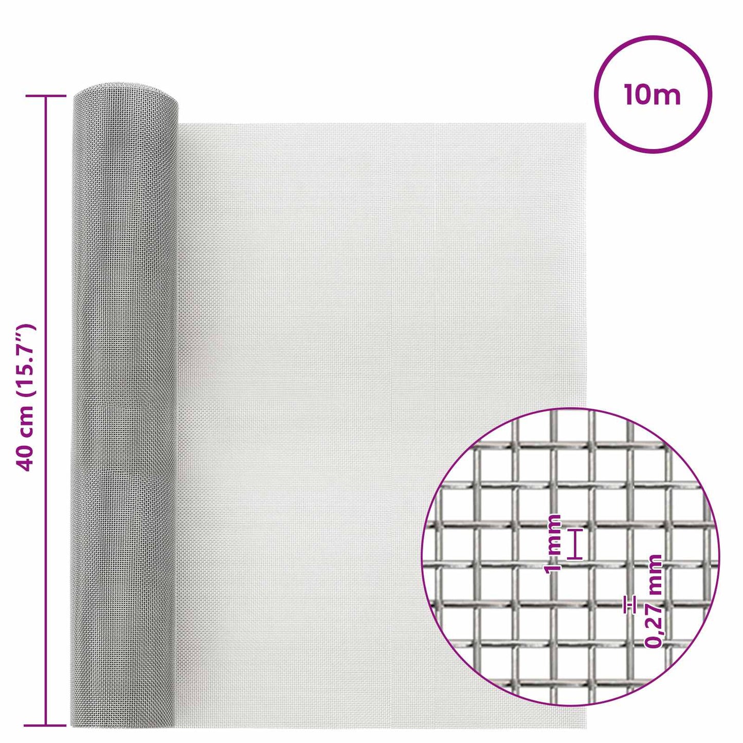 Maskeskjerm 40 x 1000 cm 20 Mesh Rustfritt stål 201 Sølv