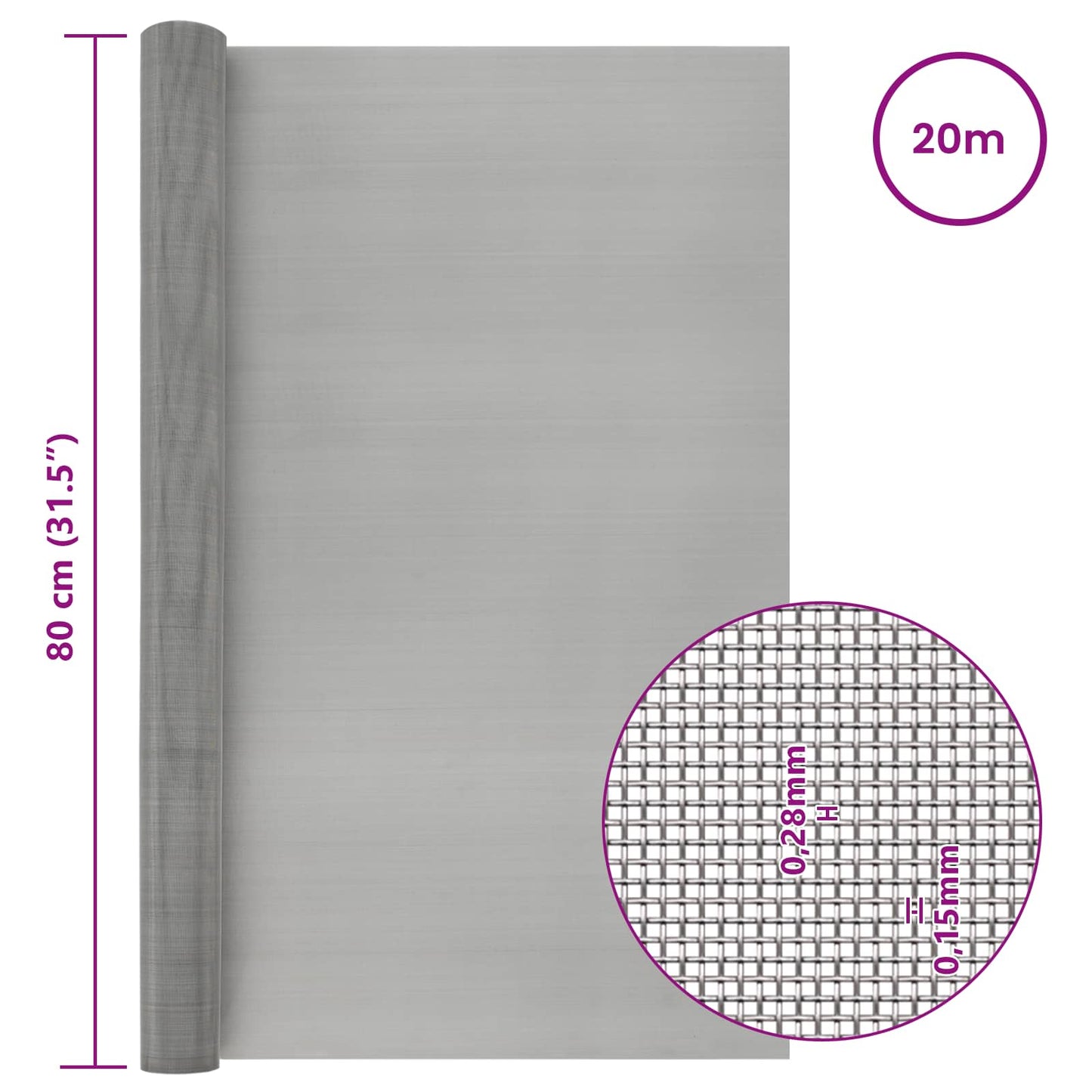 Maskeskjerm 80 x 2000 cm 60 Mesh Rustfritt stål 201 Sølv