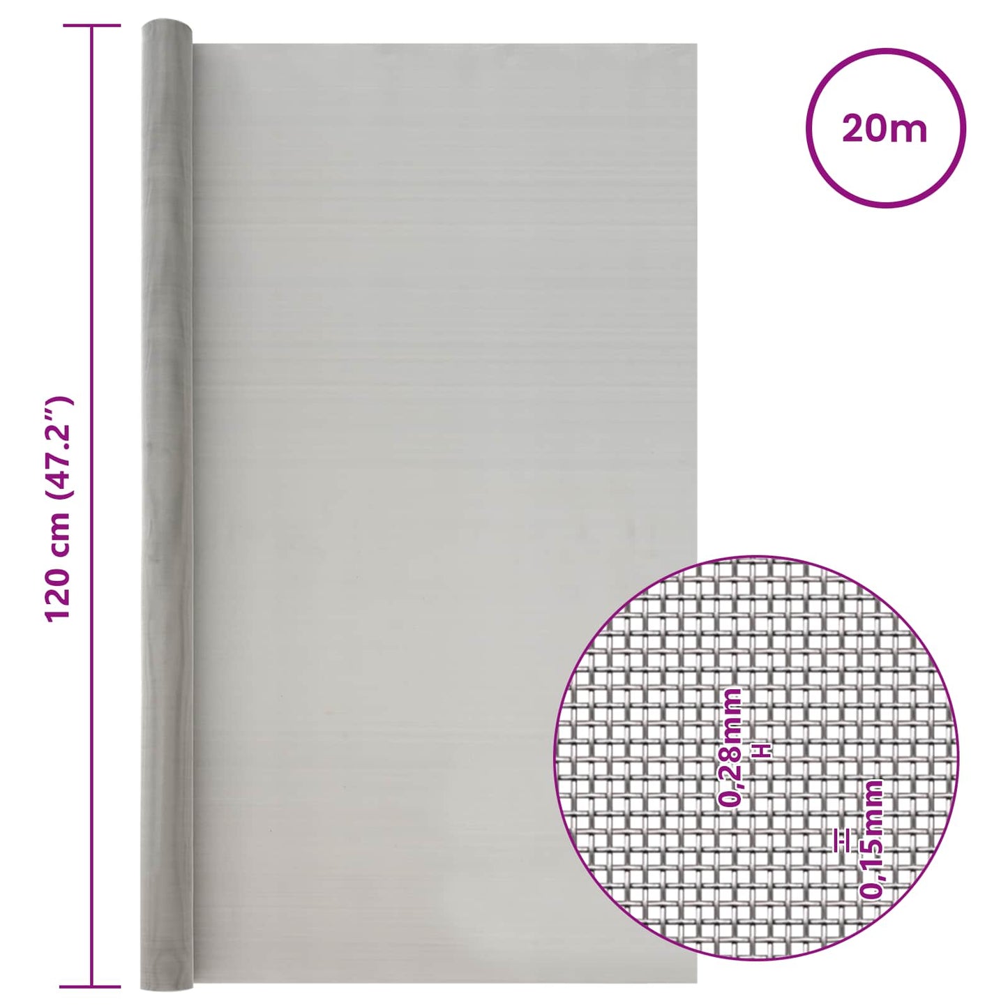 Maskeskjerm 120 x 2000 cm 60 Mesh Rustfritt stål 201 Sølv