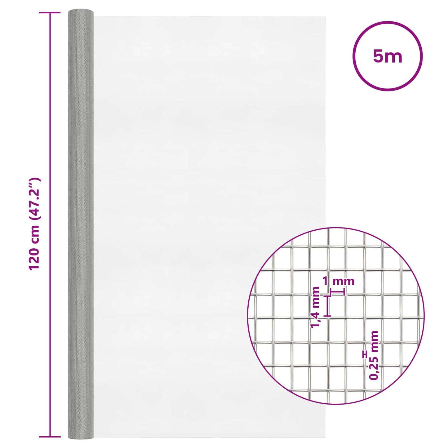 Maskeskjerm 120 x 500 cm 18 Mesh Rustfritt stål 201 Sølv
