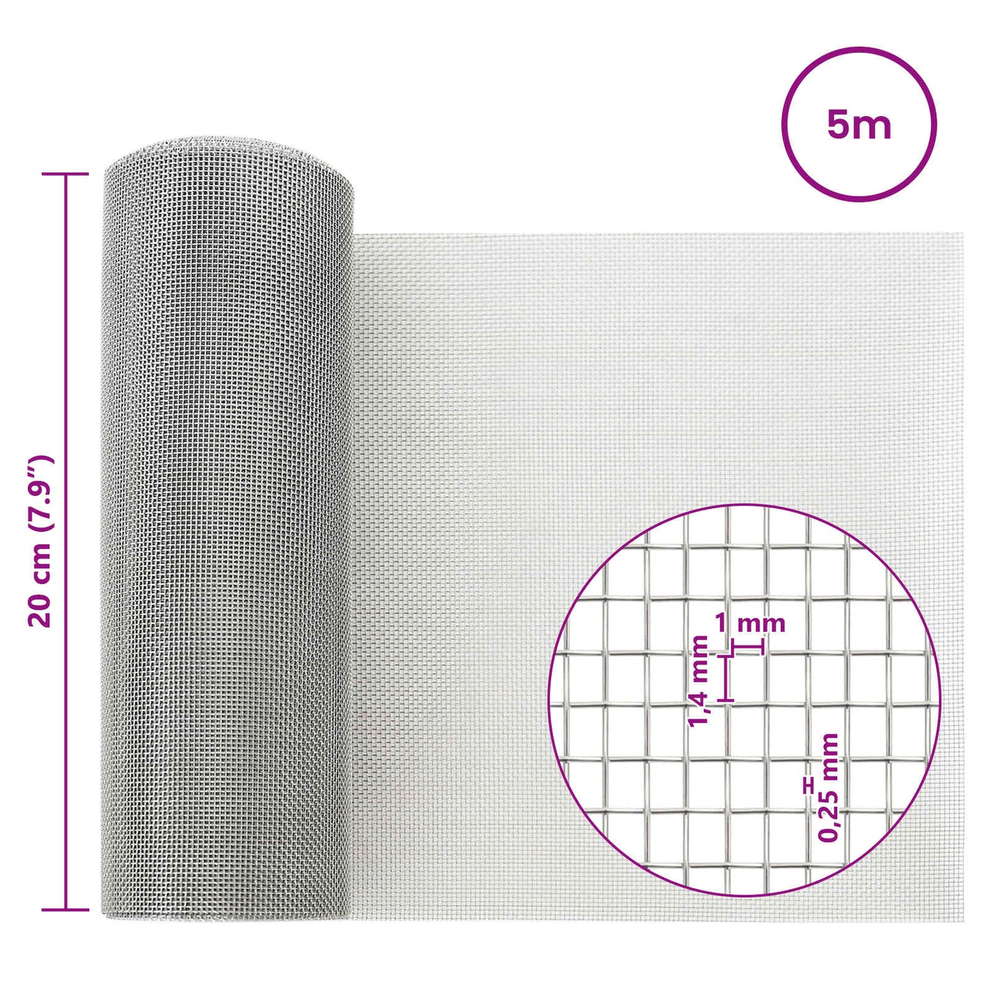 Maskeskjerm 20 x 500 cm 18 mesh Rustfritt Stål 304 Sølv