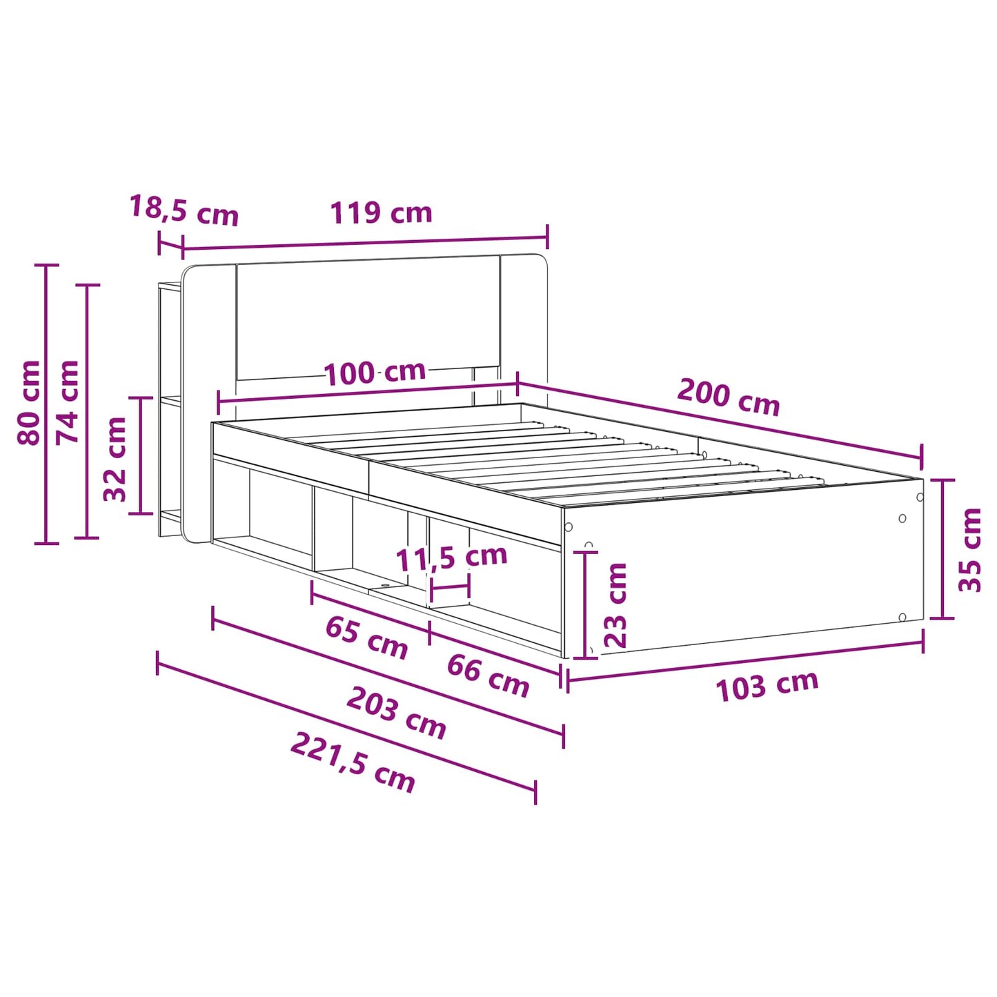 Sengeramme med oppbevaring Svart 100 x 200 cm Konstruert tre