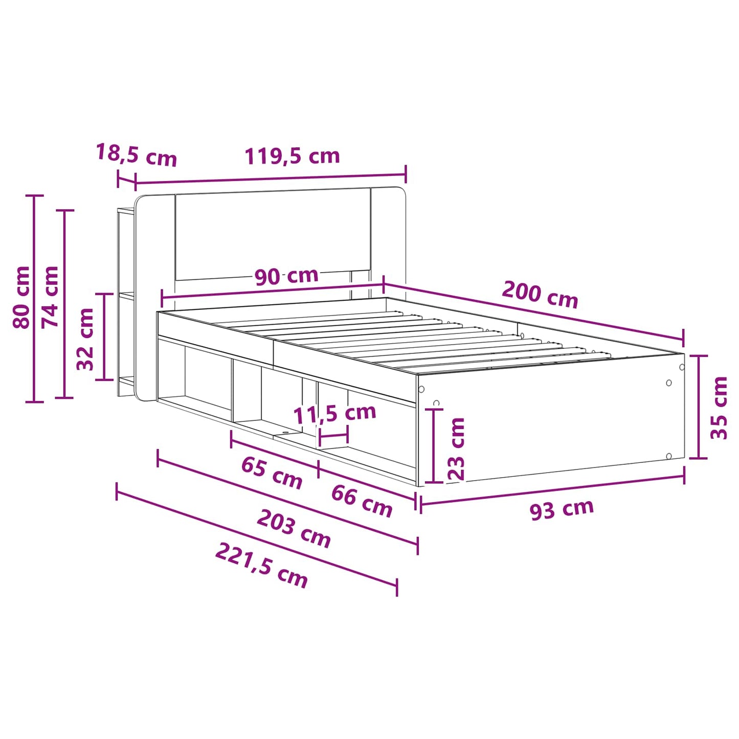 Sengeramme med oppbevaring Hvit 90 x 200 cm Konstruert tre
