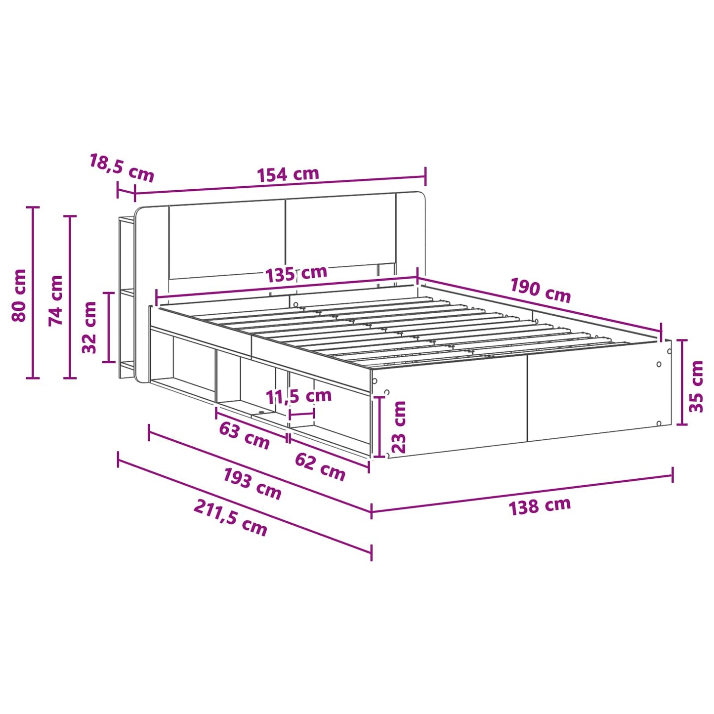 Sengeramme med oppbevaring Artisan eik 135 x 190 cm