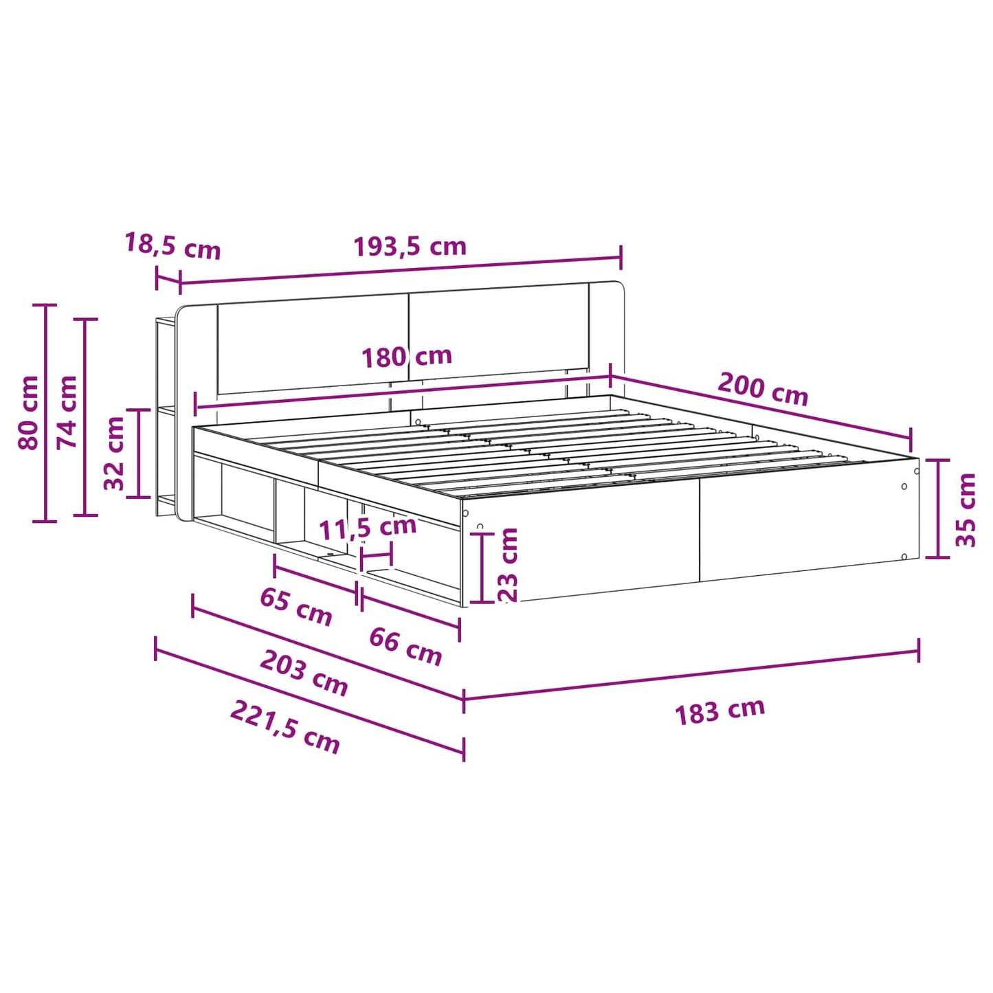 Sengeramme med oppbevaring Hvit 180 x 200 cm Konstruert tre