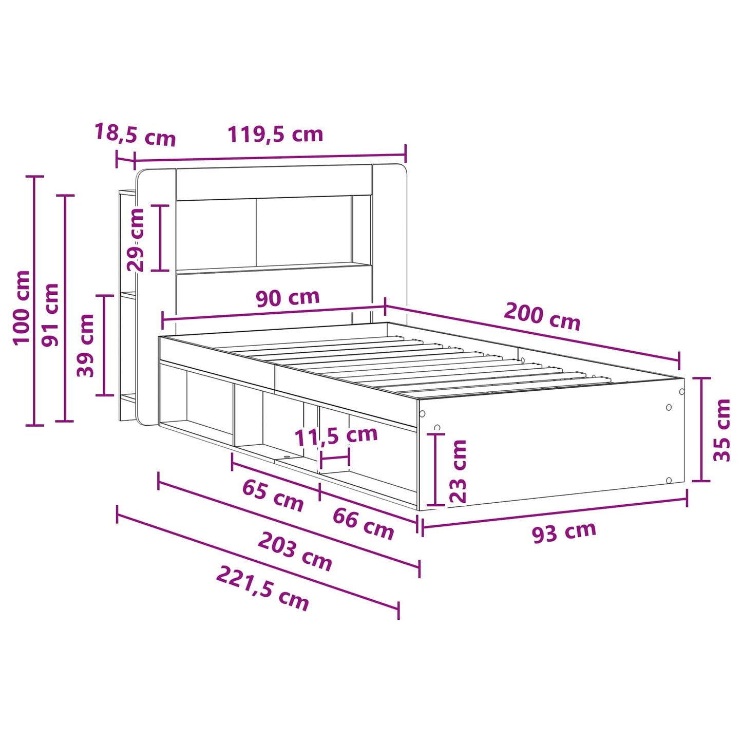 Sengeramme med oppbevaring Gammelt tre 90 x 200 cm