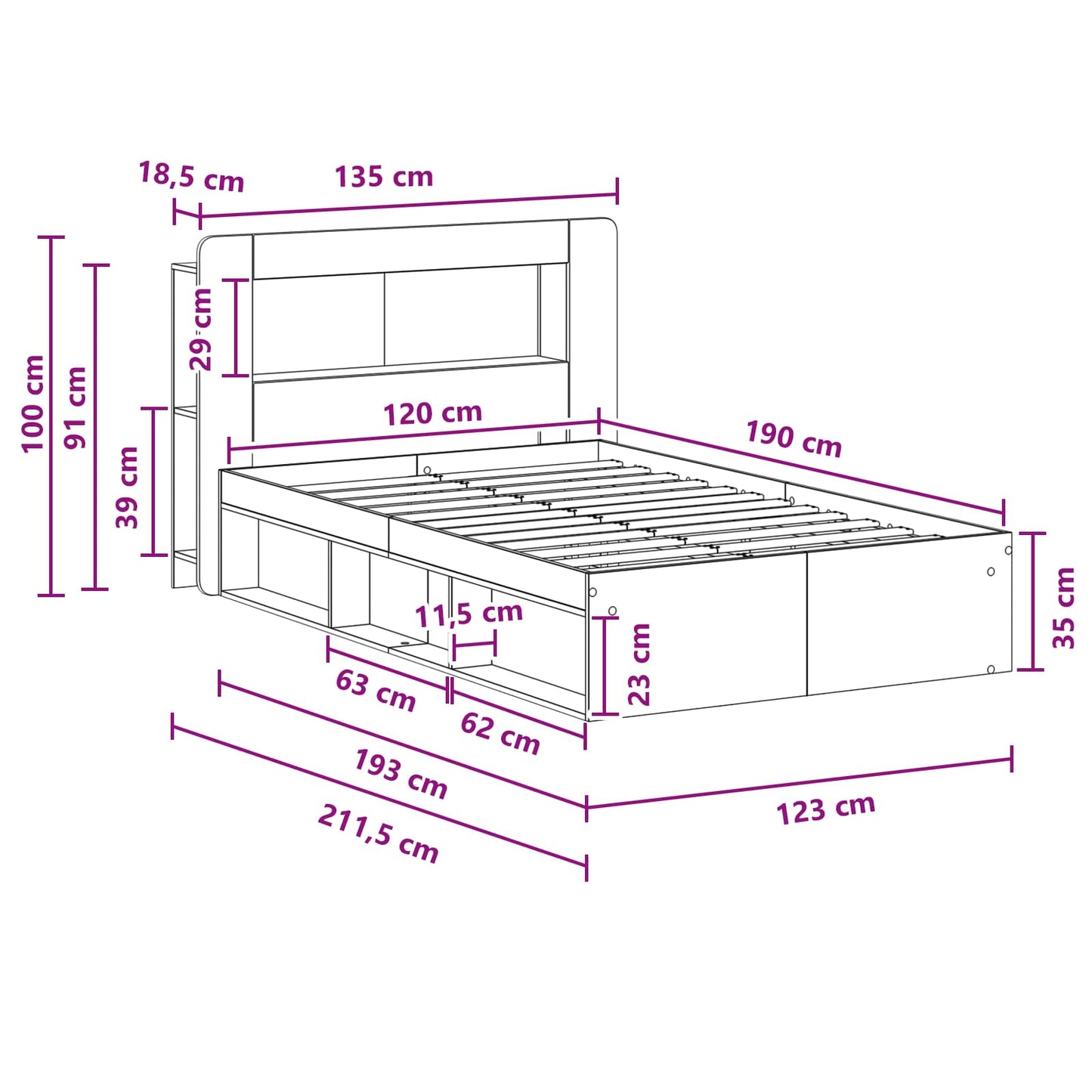 Sengeramme med oppbevaring Gammelt tre 120 x 190 cm