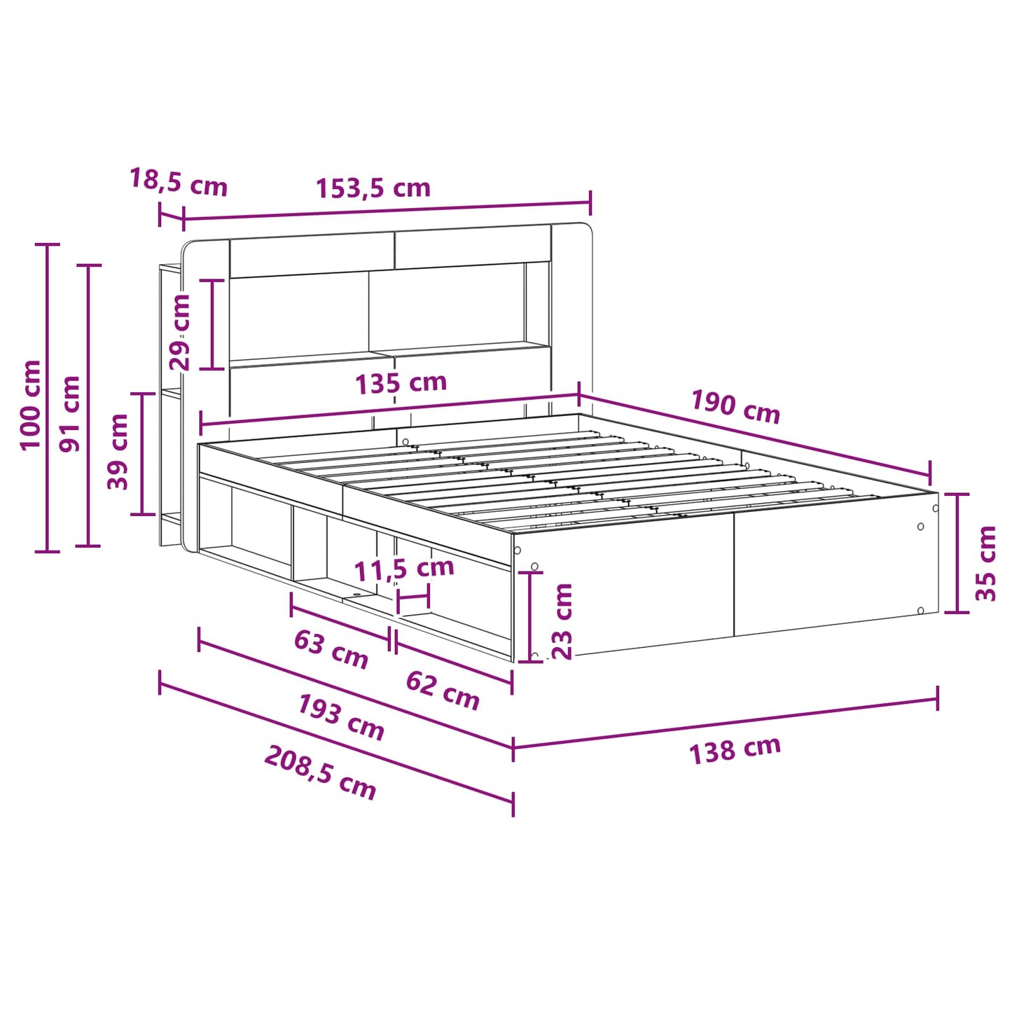 Sengeramme med oppbevaring Artisan eik 135 x 190 cm