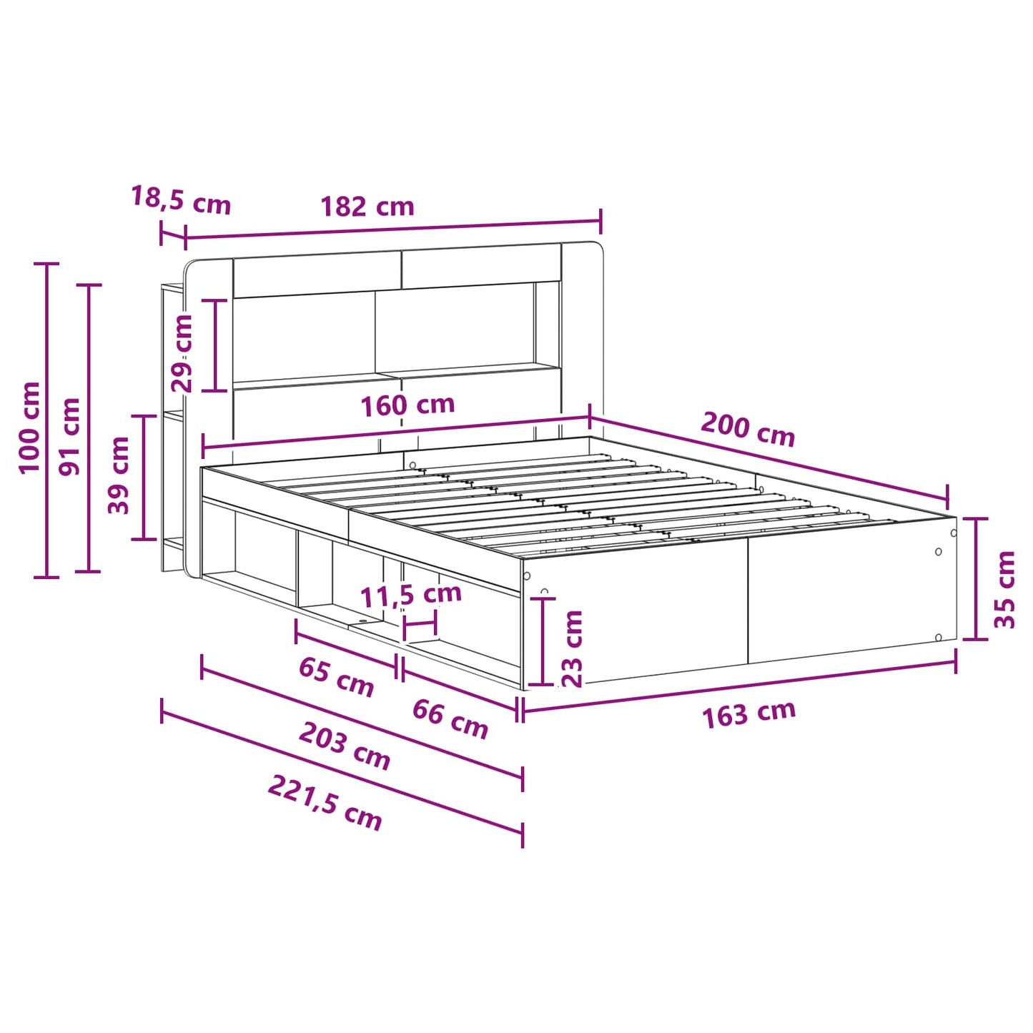 Sengeramme med oppbevaring Hvit 160 x 200 cm Konstruert tre