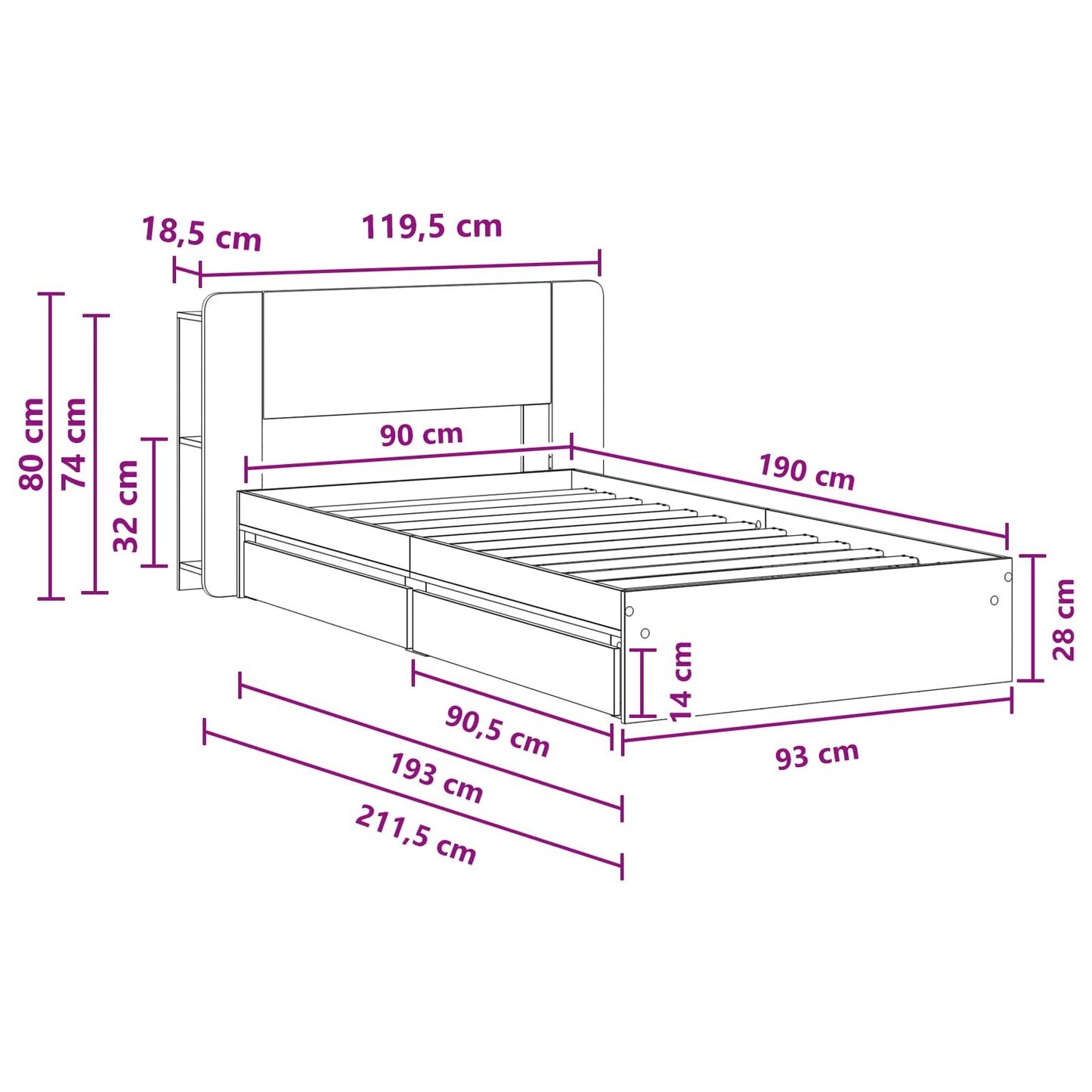 Sengeramme med oppbevaring med skuff Sonoma eik 90 x 190 cm