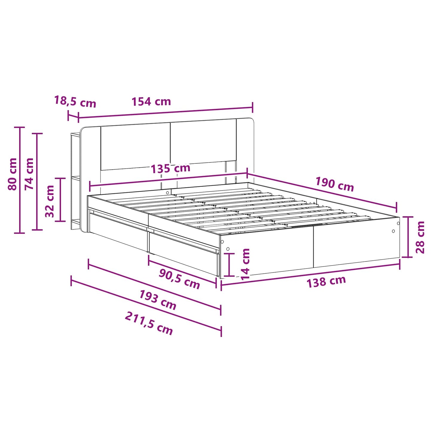 Sengeramme med oppbevaring Røkt Eik 135 x 190 cm Konstruert tre