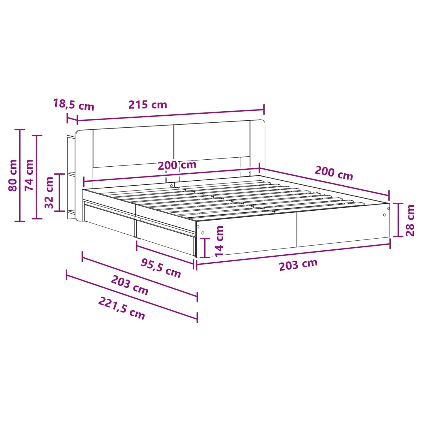 Sengeramme med oppbevaring med skuff Betonggrå 200 x 200 cm
