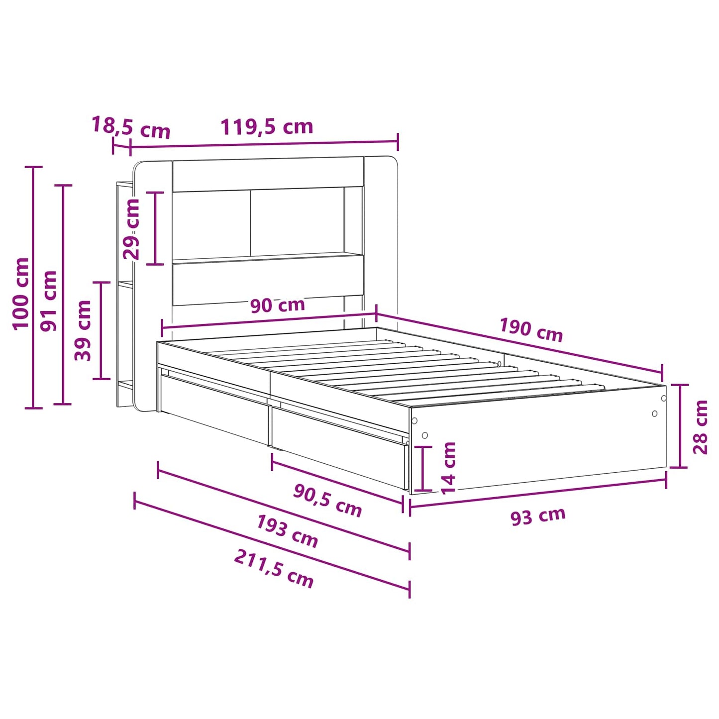 Sengeramme med oppbevaring Svart 90 x 190 cm Konstruert tre