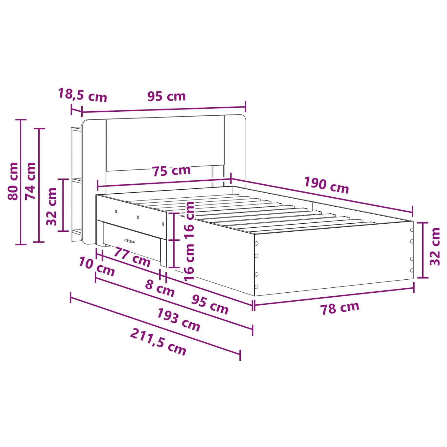Sengeramme med oppbevaring Svart 75 x 190 cm Konstruert tre