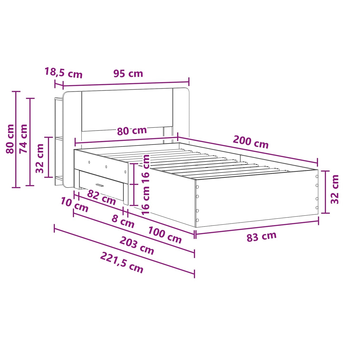 Sengeramme med oppbevaring Artisan eik 80 x 200 cm