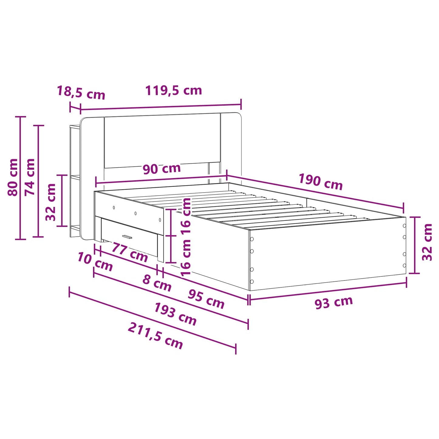 Sengeramme med oppbevaring Røkt Eik 90 x 190 cm Konstruert tre