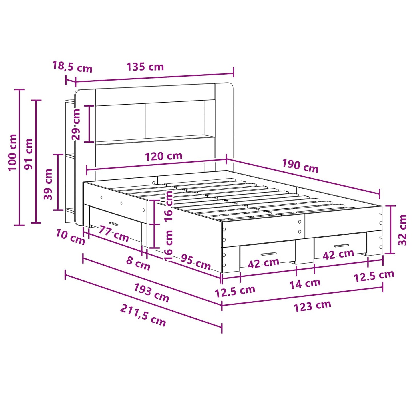 Sengeramme med oppbevaring Gammelt tre 120 x 190 cm