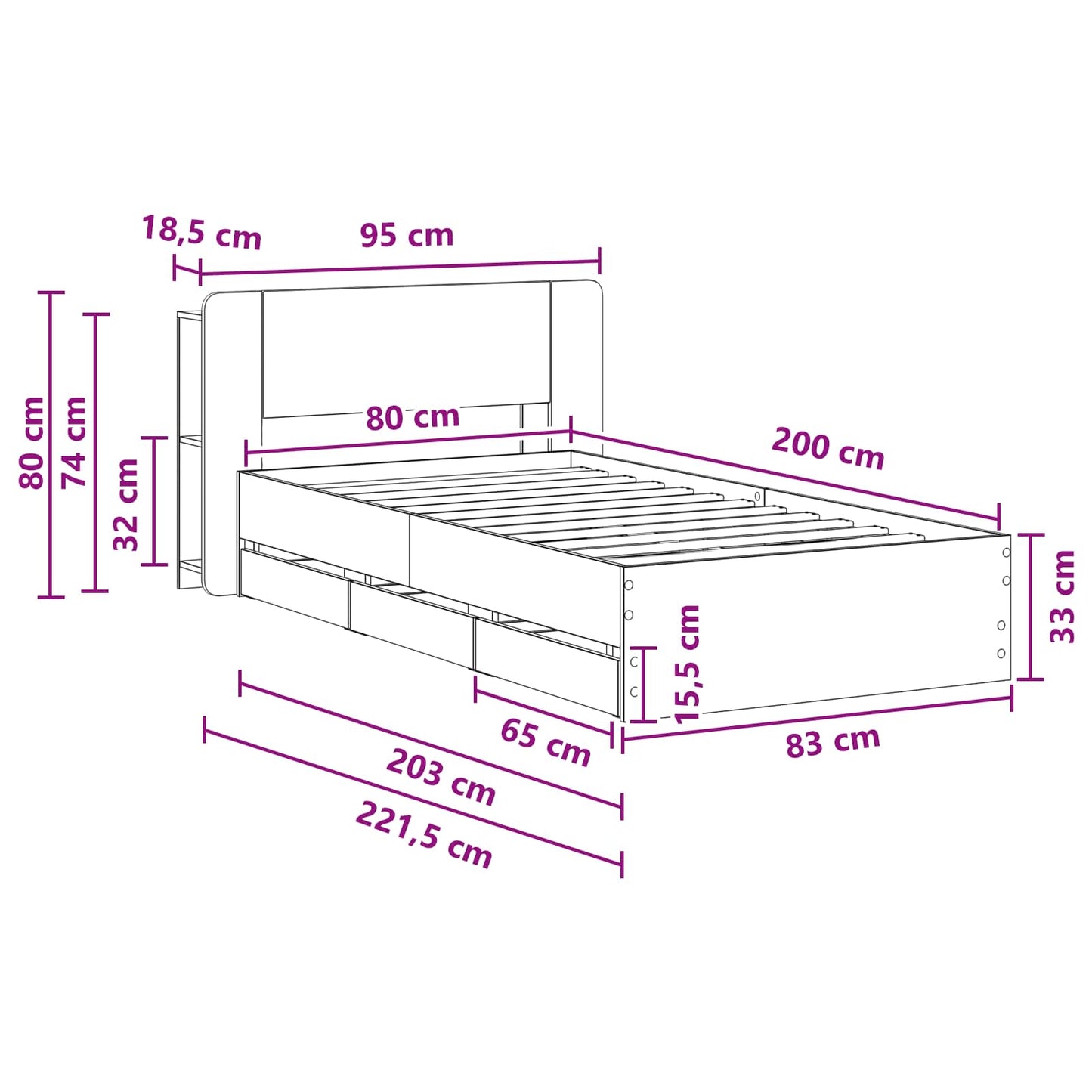 Sengeramme med oppbevaring Grå Sonoma 80 x 200 cm