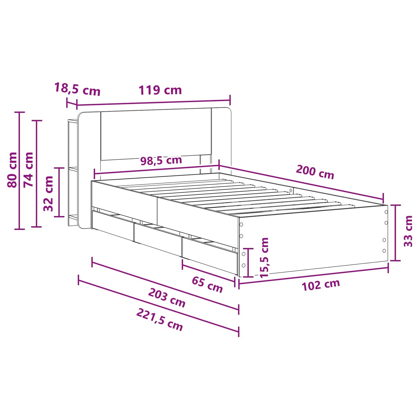 Sengeramme med oppbevaring Grå Sonoma 100 x 200 cm