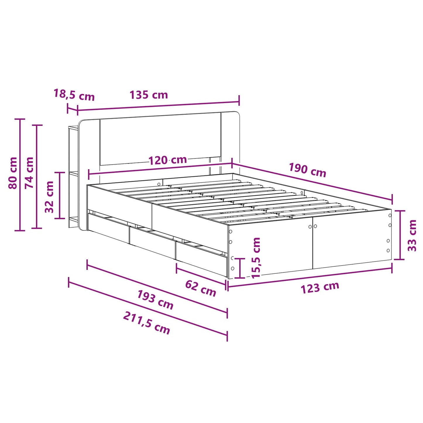 Sengeramme med oppbevaring Røkt Eik 120 x 190 cm Konstruert tre