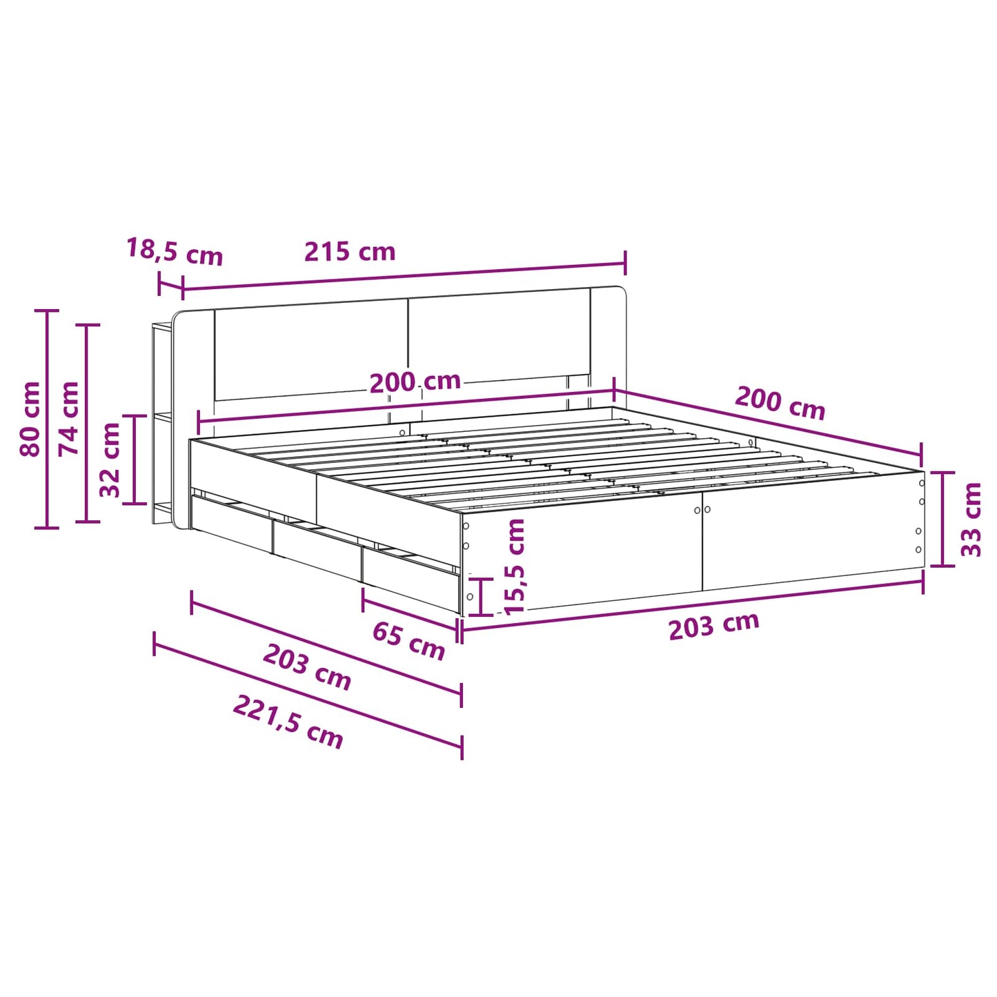 Sengeramme med oppbevaring Grå Sonoma 200 x 200 cm