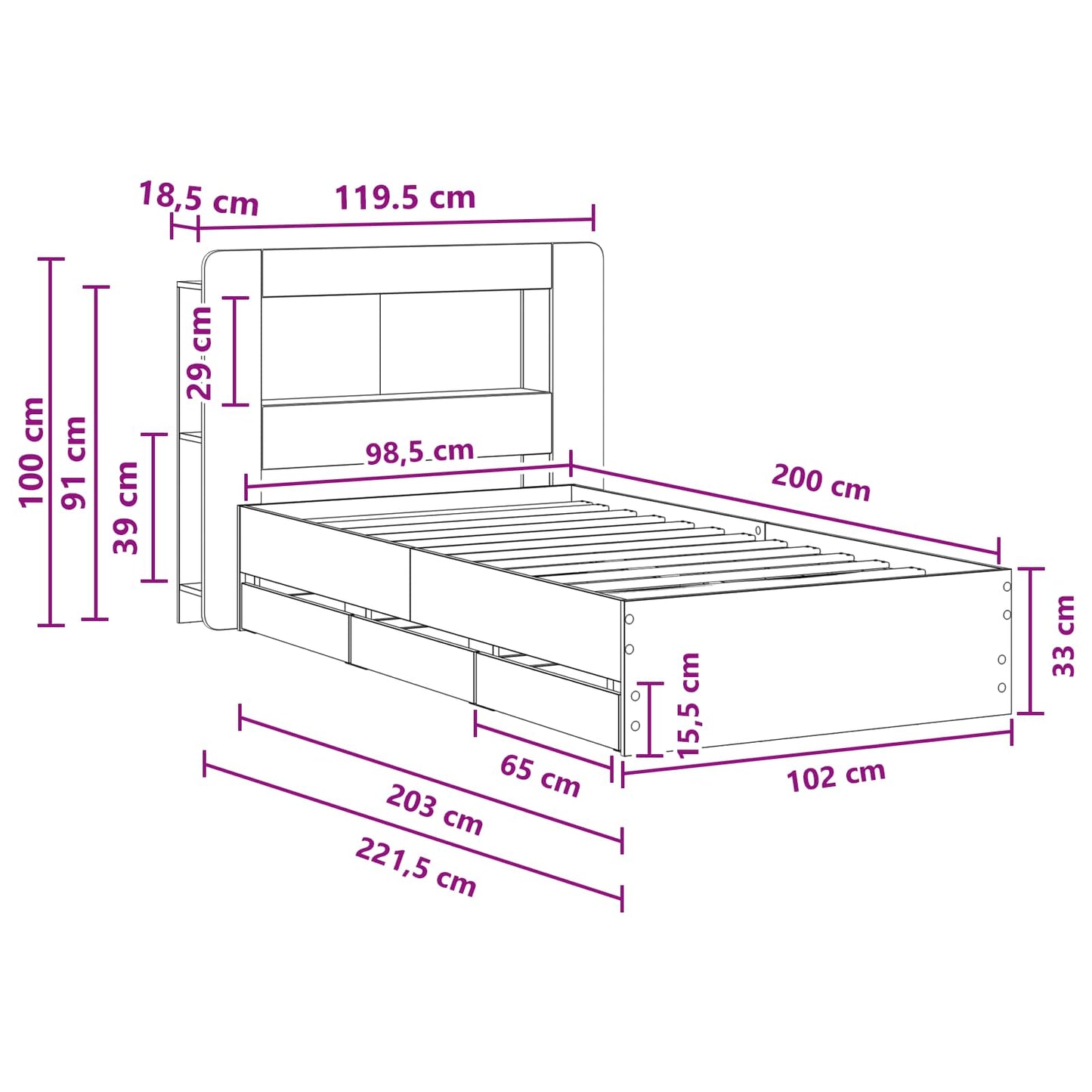 Sengeramme med oppbevaring Røkt Eik 100 x 200 cm Konstruert tre