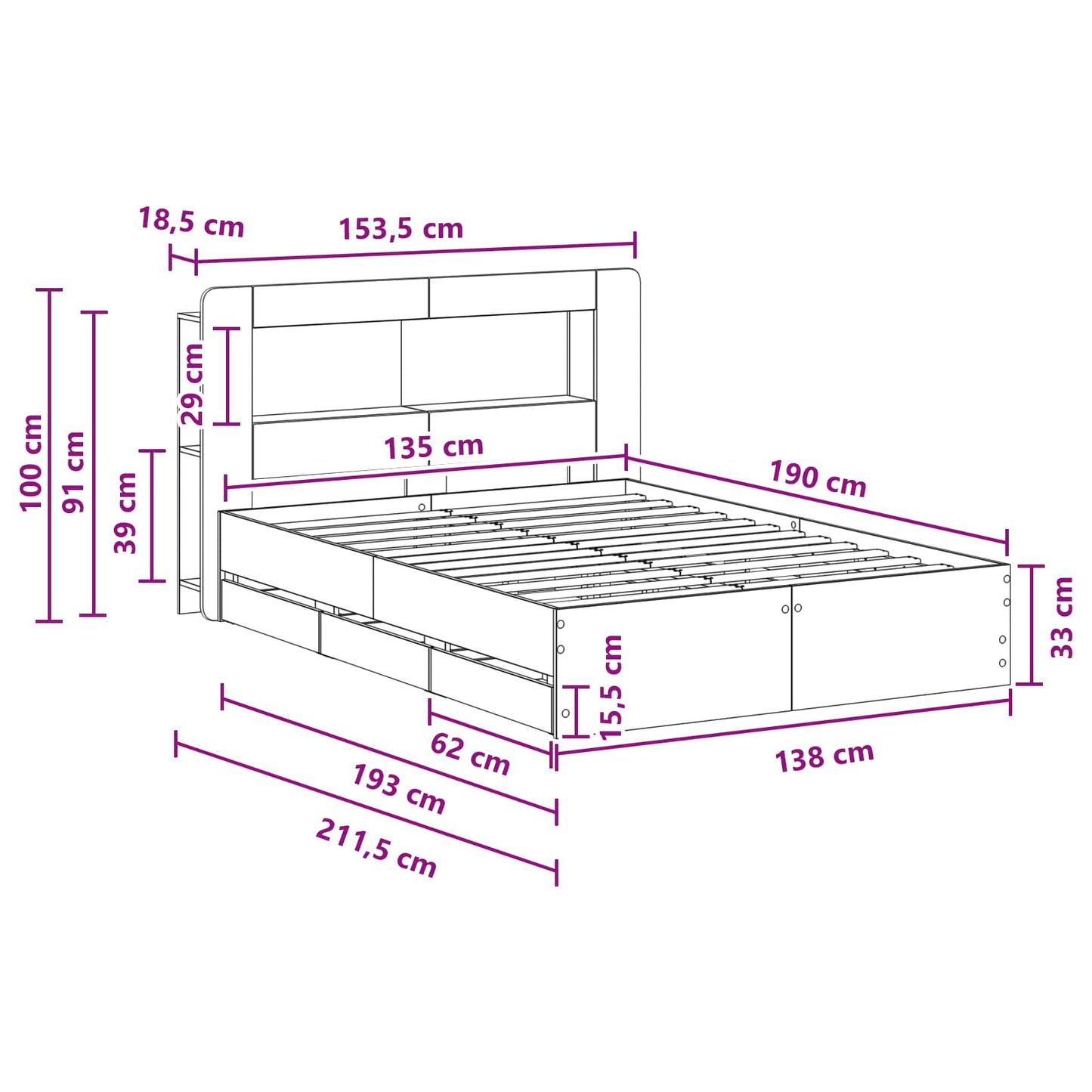 Sengeramme med oppbevaring Røkt Eik 135 x 190 cm Konstruert tre