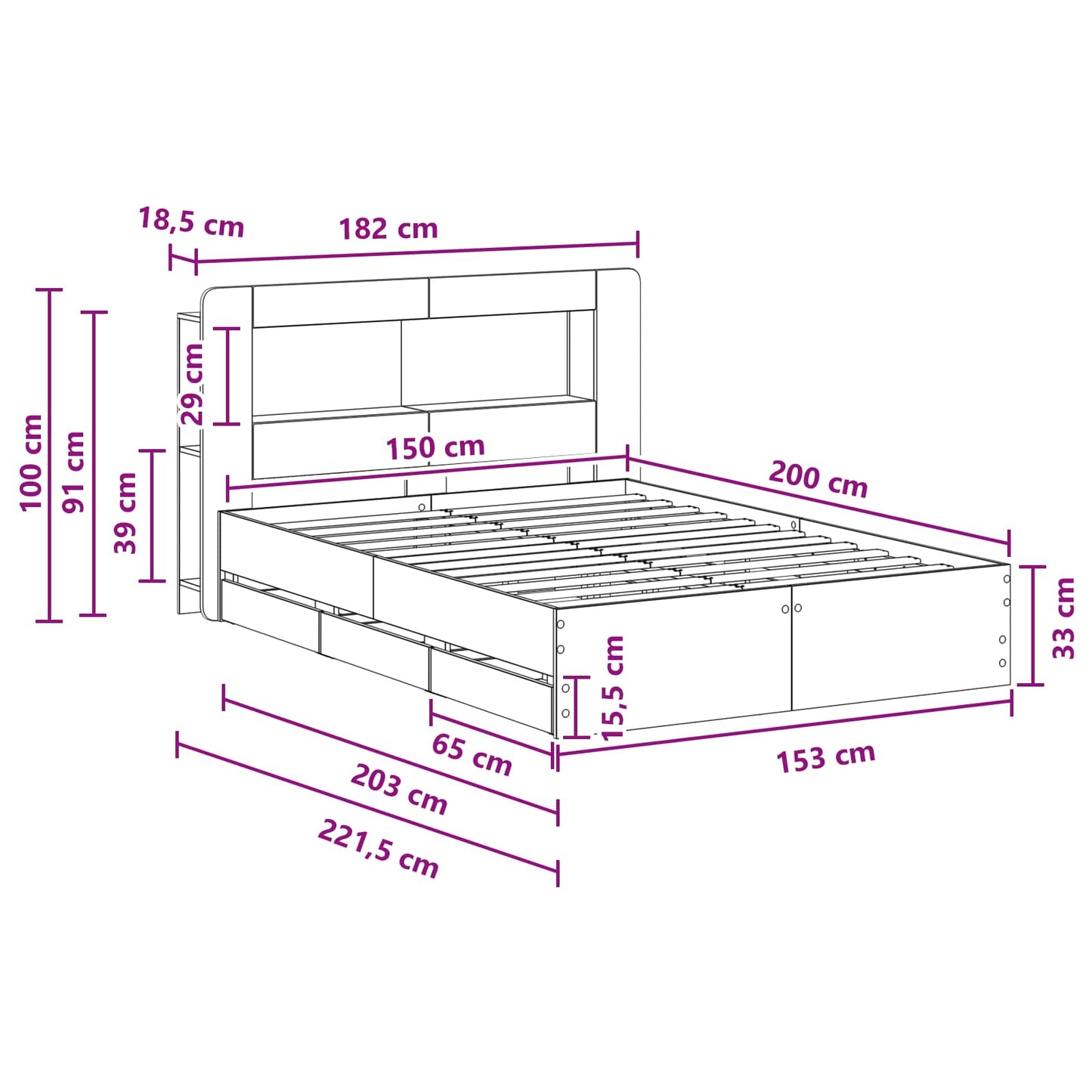 Sengeramme med oppbevaring Svart 150 x 200 cm Konstruert tre