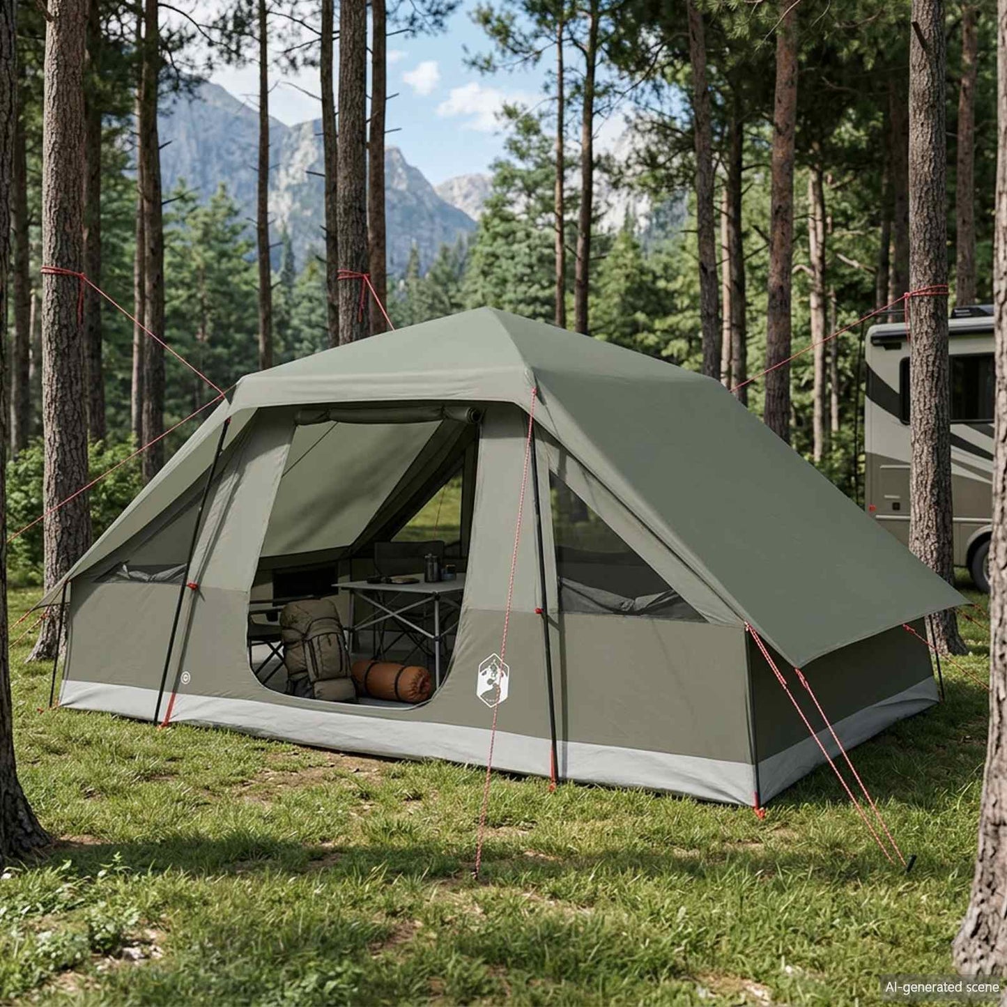 Familietelt med regntrekk, vanntett 6 person Army grønn